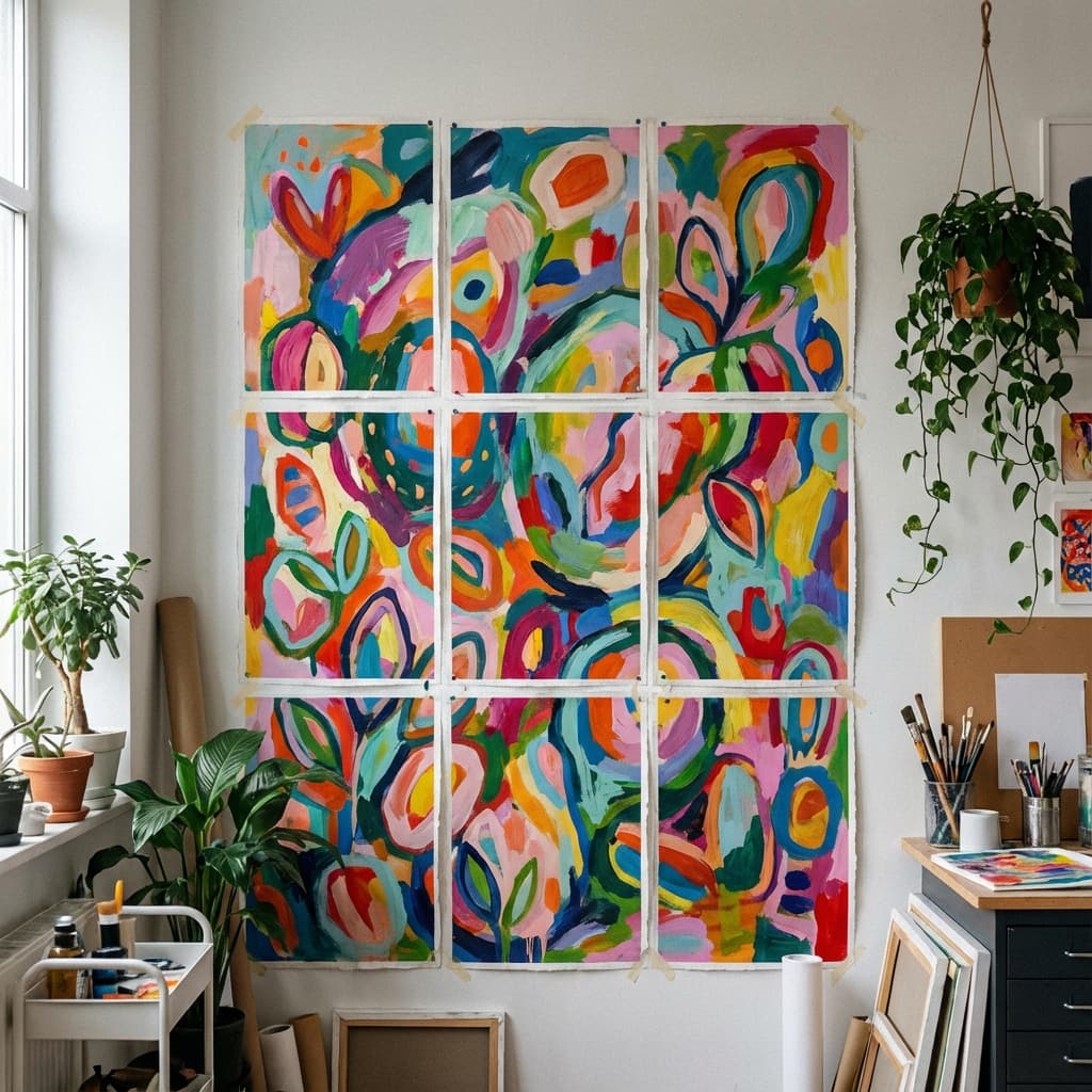 Abstract artwork poster mockup in a tiled grid.