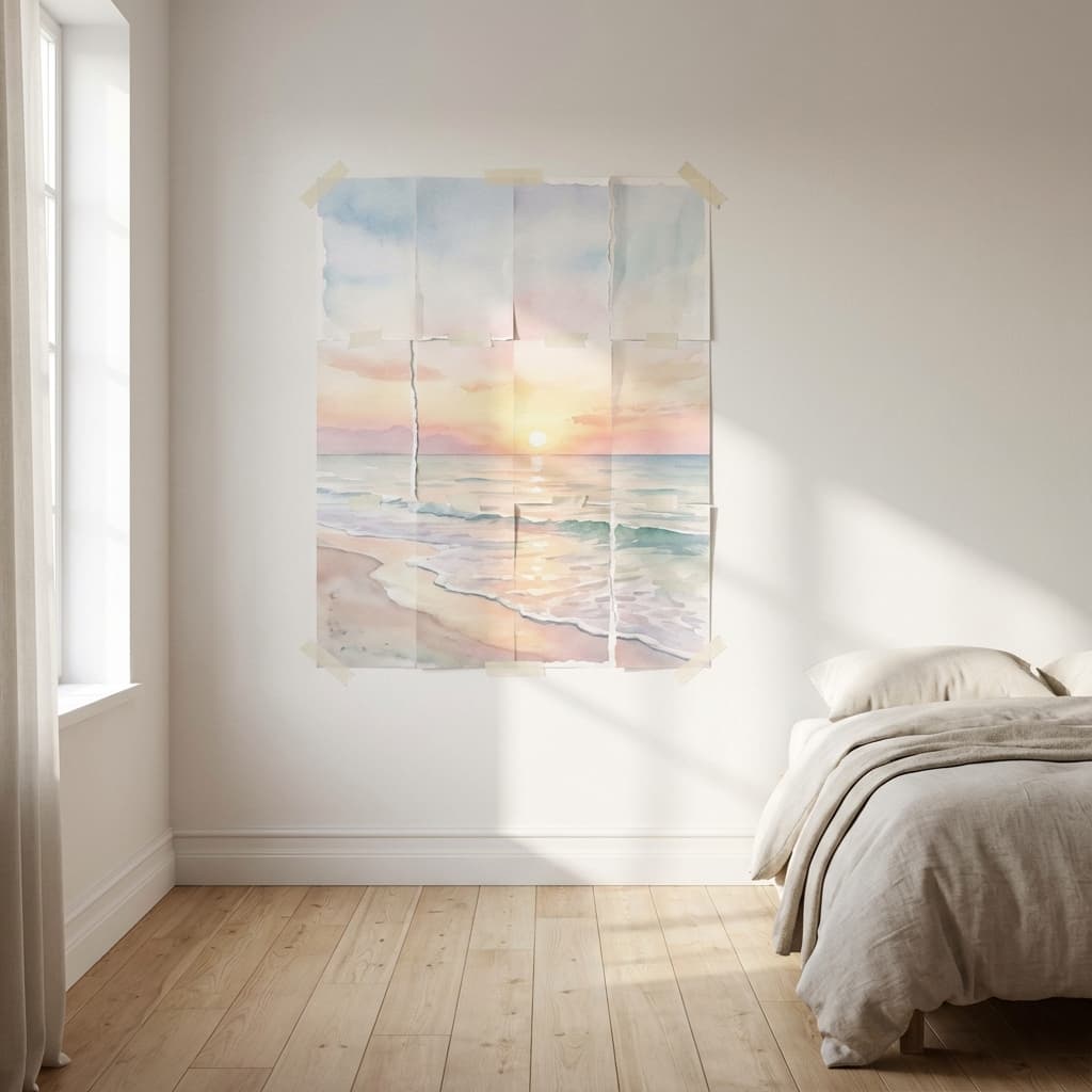 Coastal sunrise poster mockup with tiled pages.