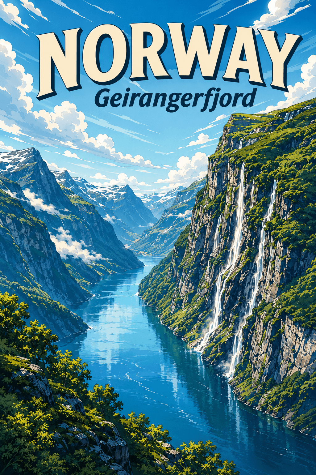Geirangerfjord Norway Comic Illustration Nature Poster printable poster preview