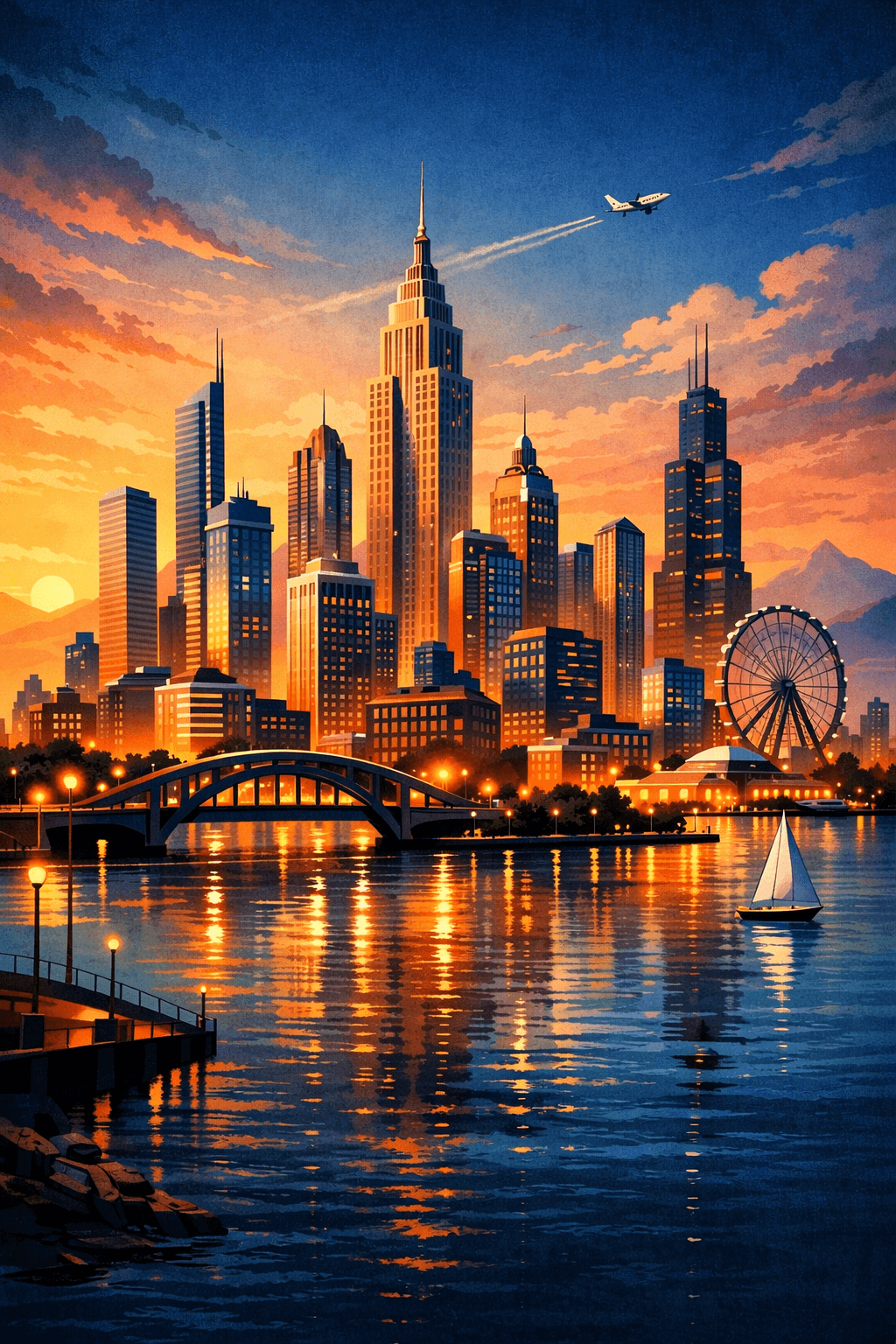 Illustrated city skyline sunset printable poster preview