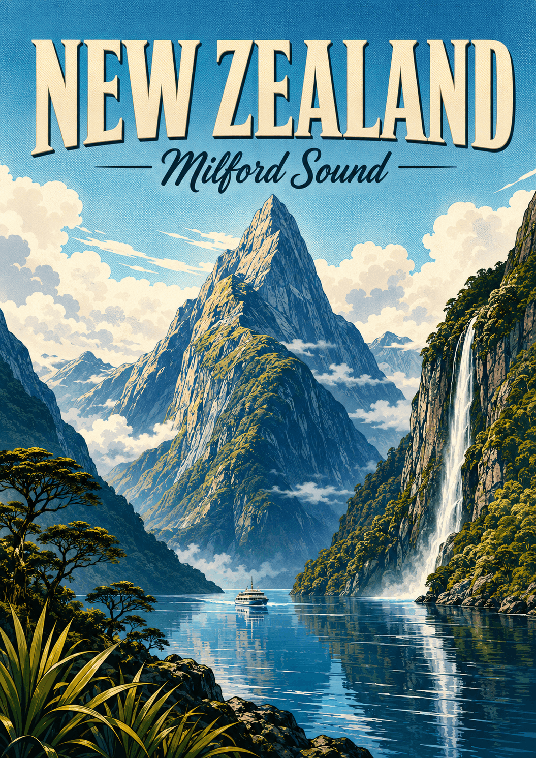 Milford Sound New Zealand Comic Illustration Nature Poster printable poster preview