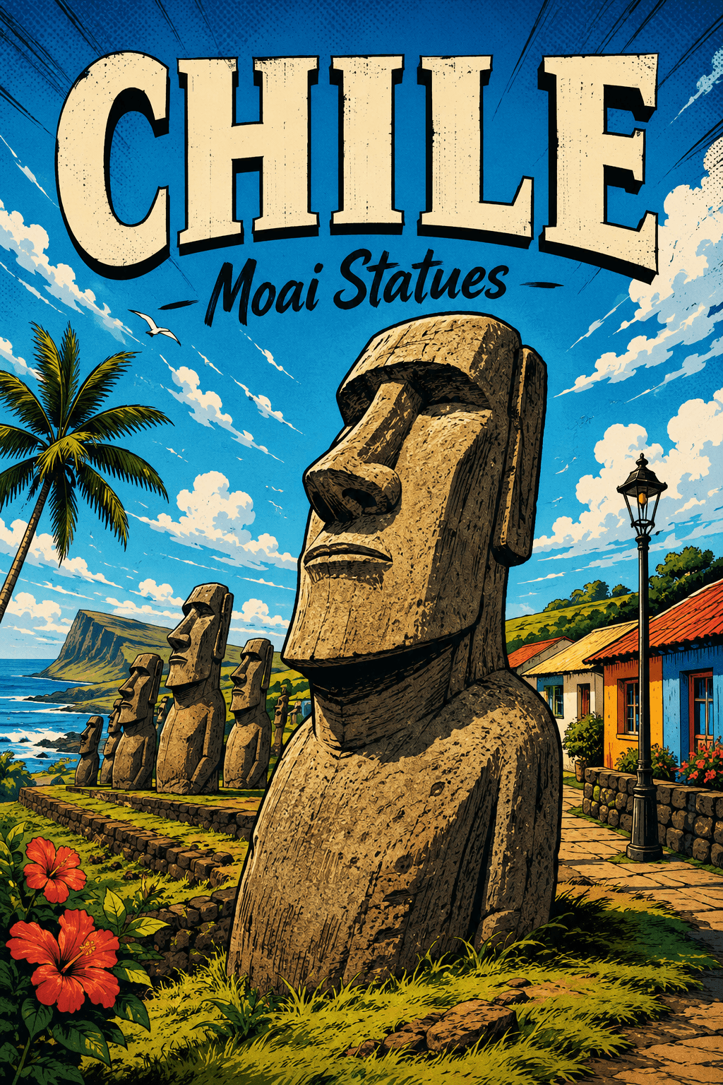 Moai Statues Chile Comic Illustration Travel Poster printable poster preview