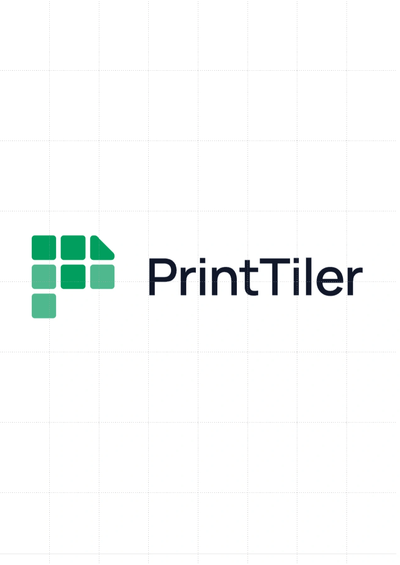 A4 artwork sheet with an eight-by-eight grid of subtle dashed internal cut guides over the primary horizontal PrintTiler logo on white.