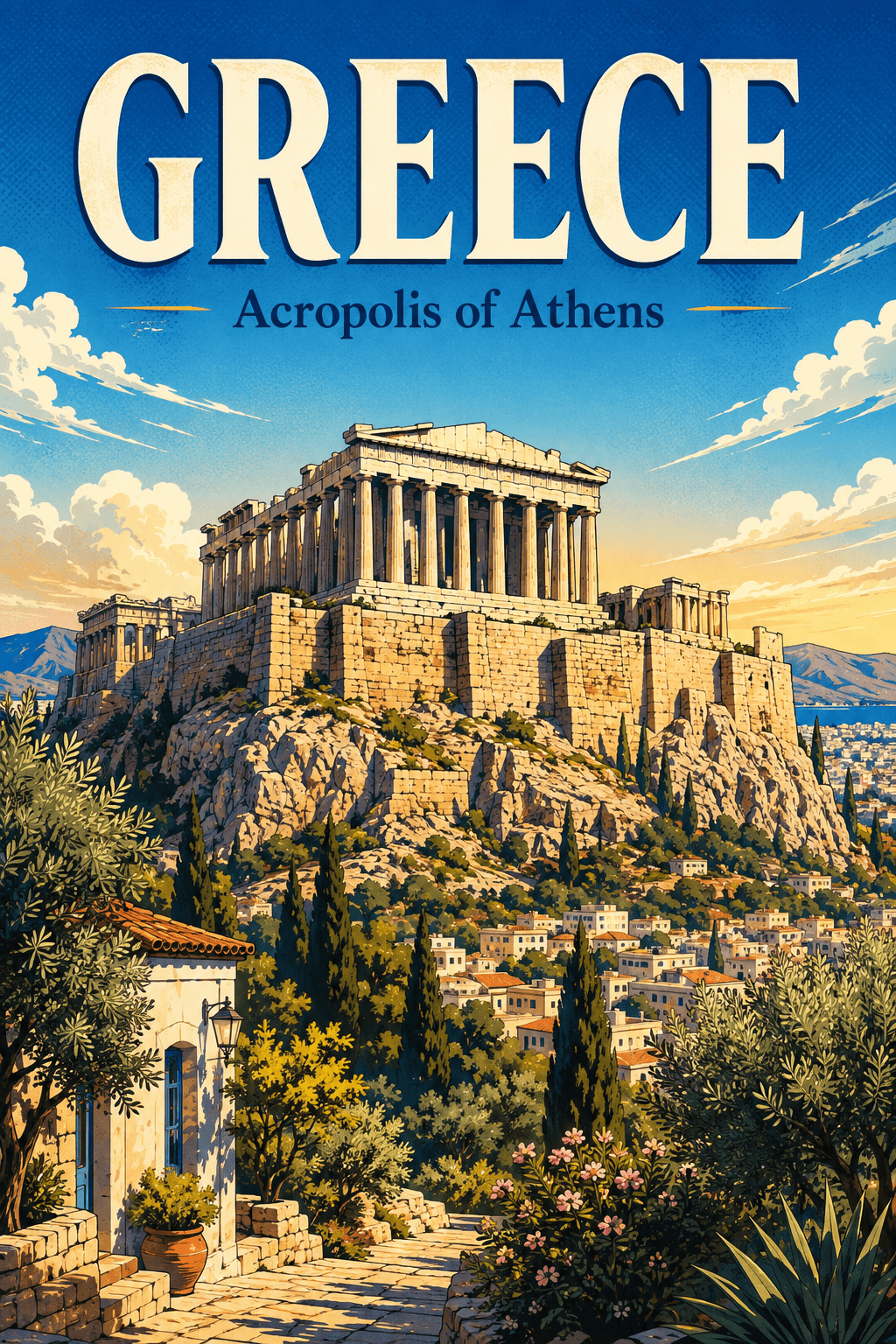 Acropolis of Athens Greece Comic Illustration Travel Poster printable poster preview