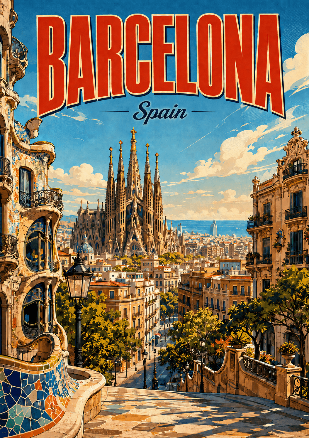 Barcelona Spain Comic Illustration City Poster printable poster preview