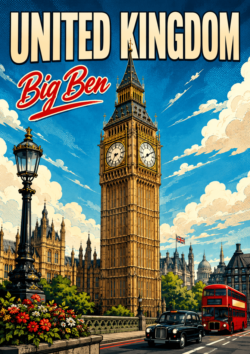 Big Ben United Kingdom Comic Illustration Travel Poster printable poster preview
