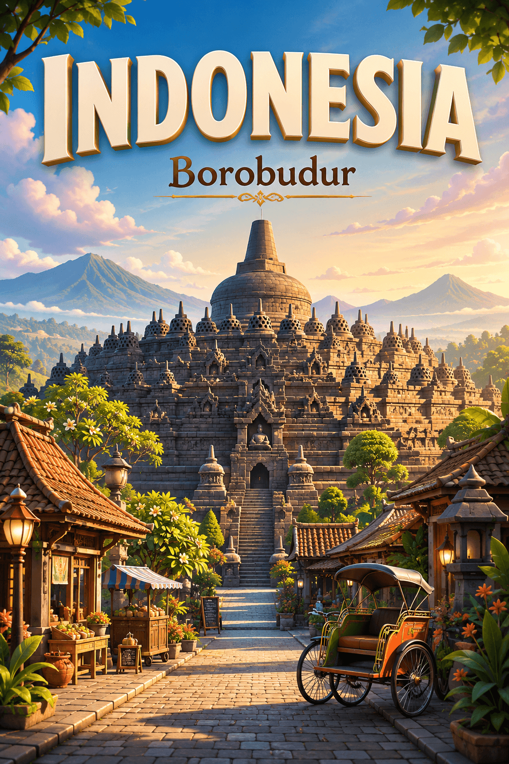 Borobudur Indonesia Cinematic 3D Cartoon Travel Poster printable poster preview