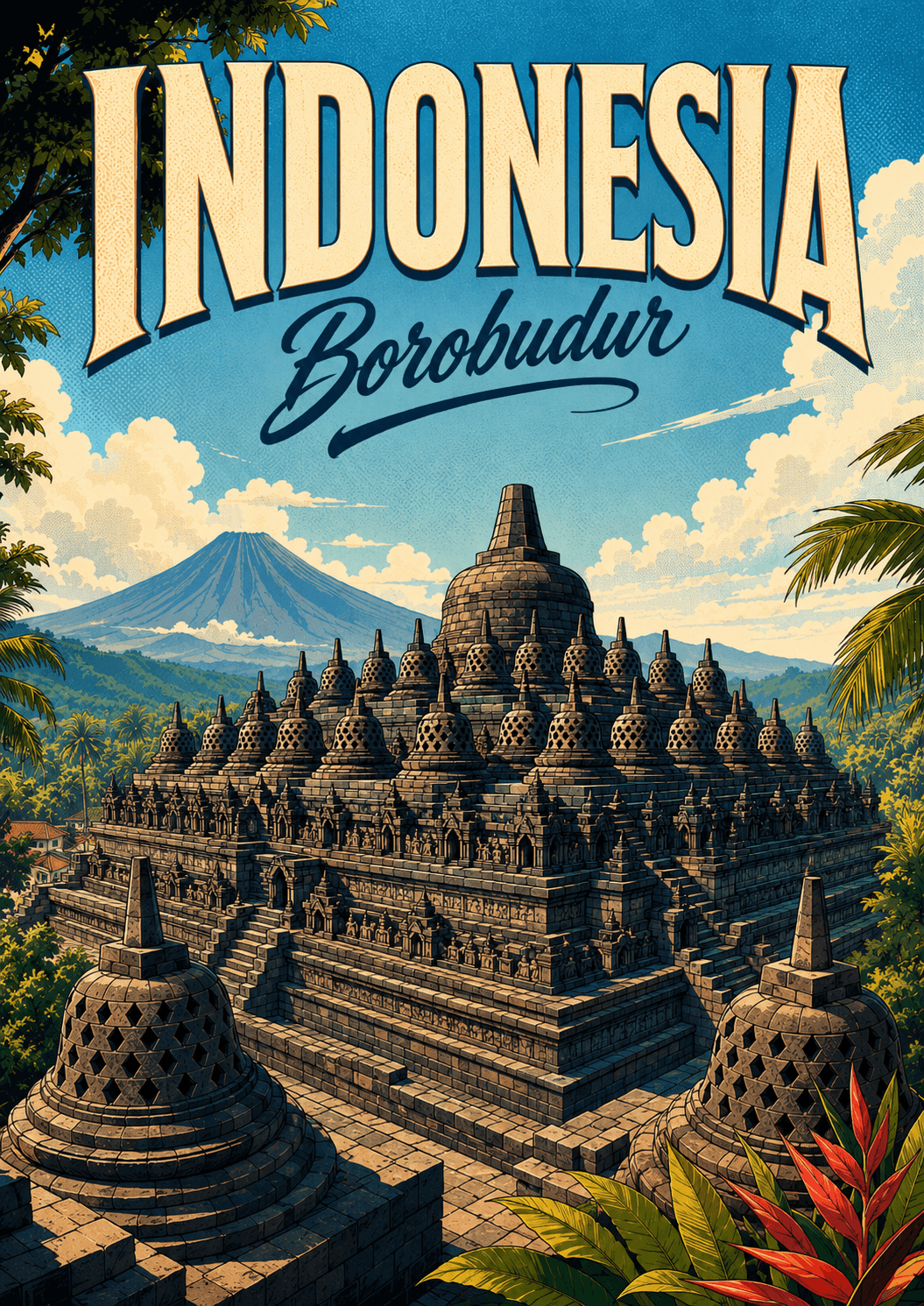 Borobudur Indonesia Comic Illustration Travel Poster printable poster preview