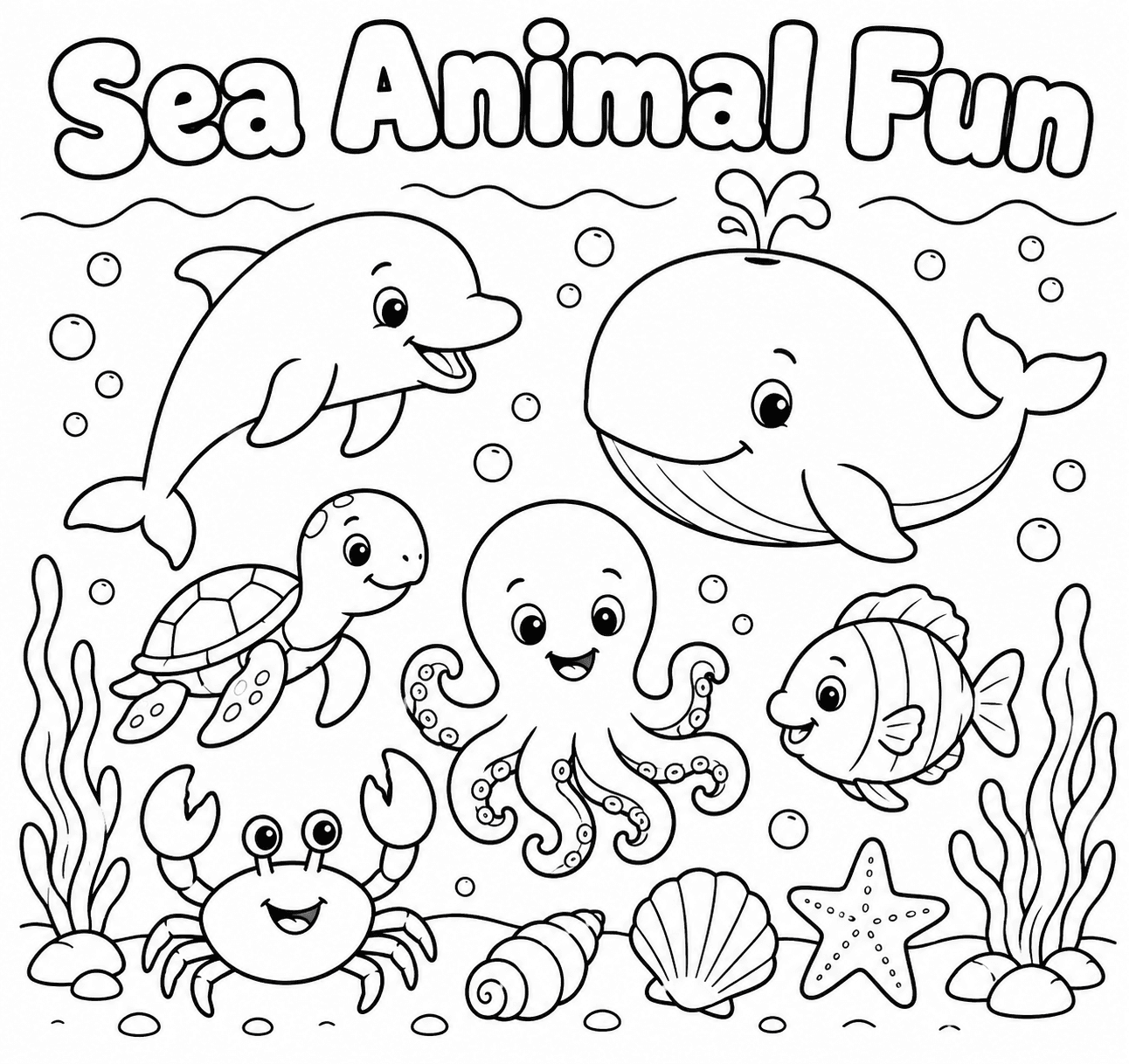 Cute Sea Animals Coloring Poster for Kids printable poster preview