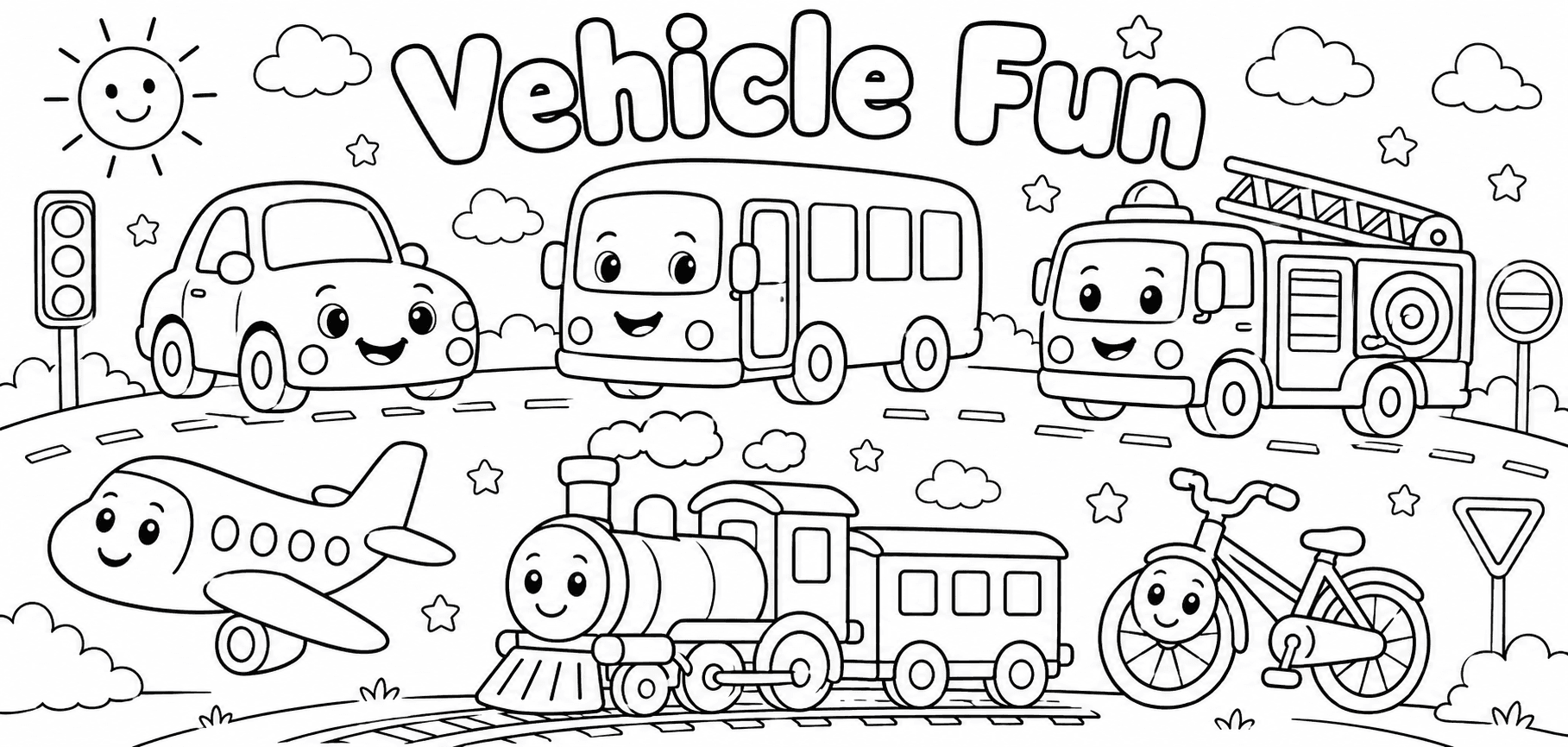 Cute Vehicles Coloring Poster for Kids printable poster preview