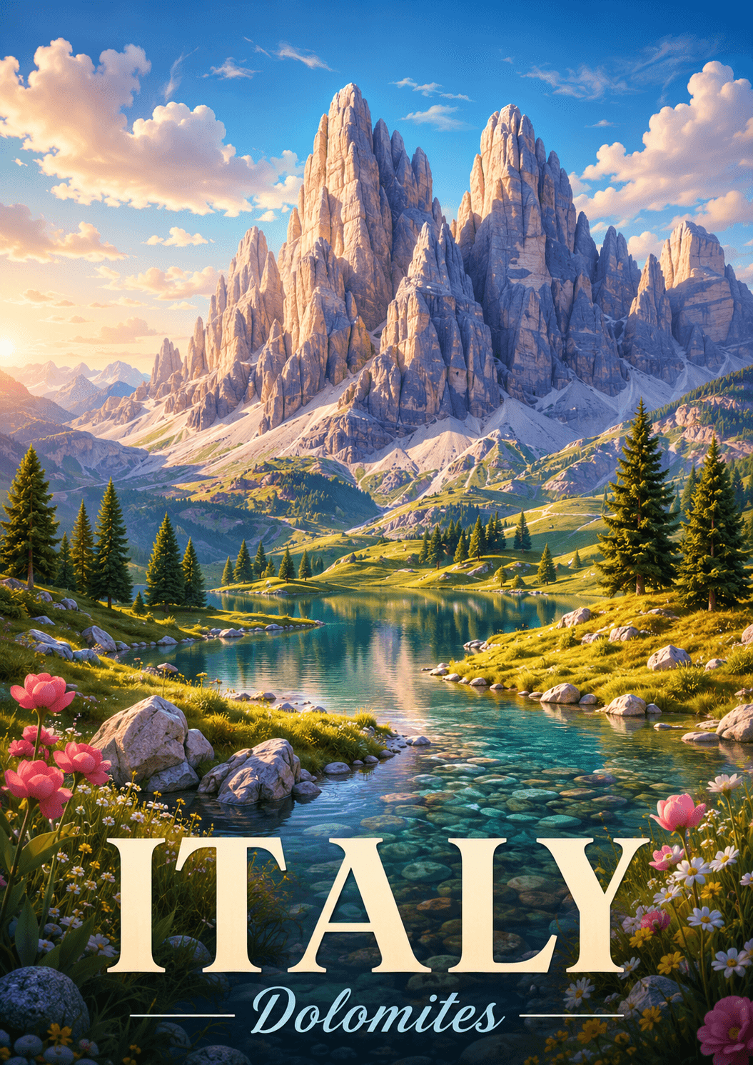 Dolomites Italy Cinematic 3D Cartoon Nature Poster printable poster preview