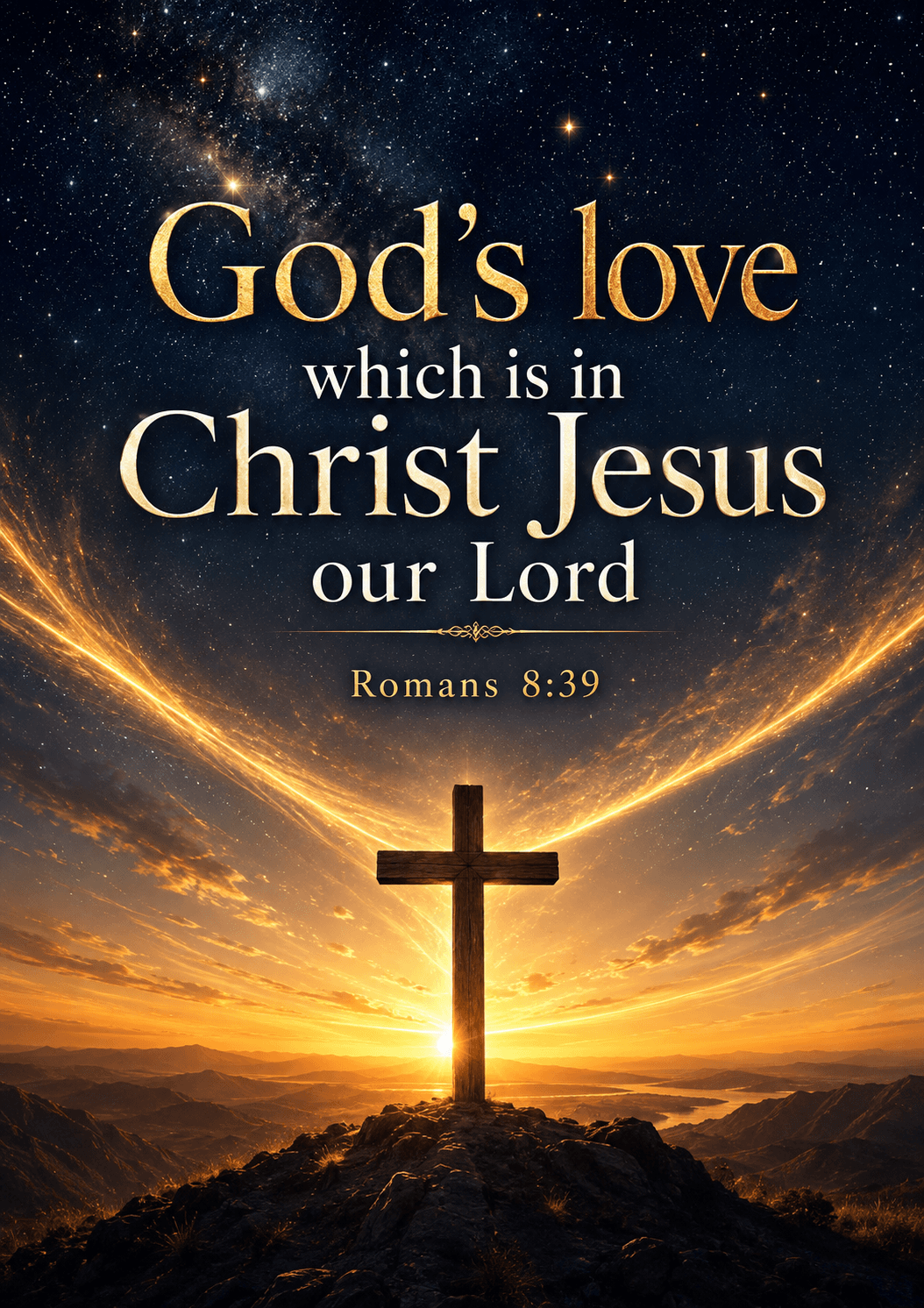God’s love which is in Christ Jesus our Lord Romans 8:39 Cinematic Christian Bible Verse Poster printable poster preview