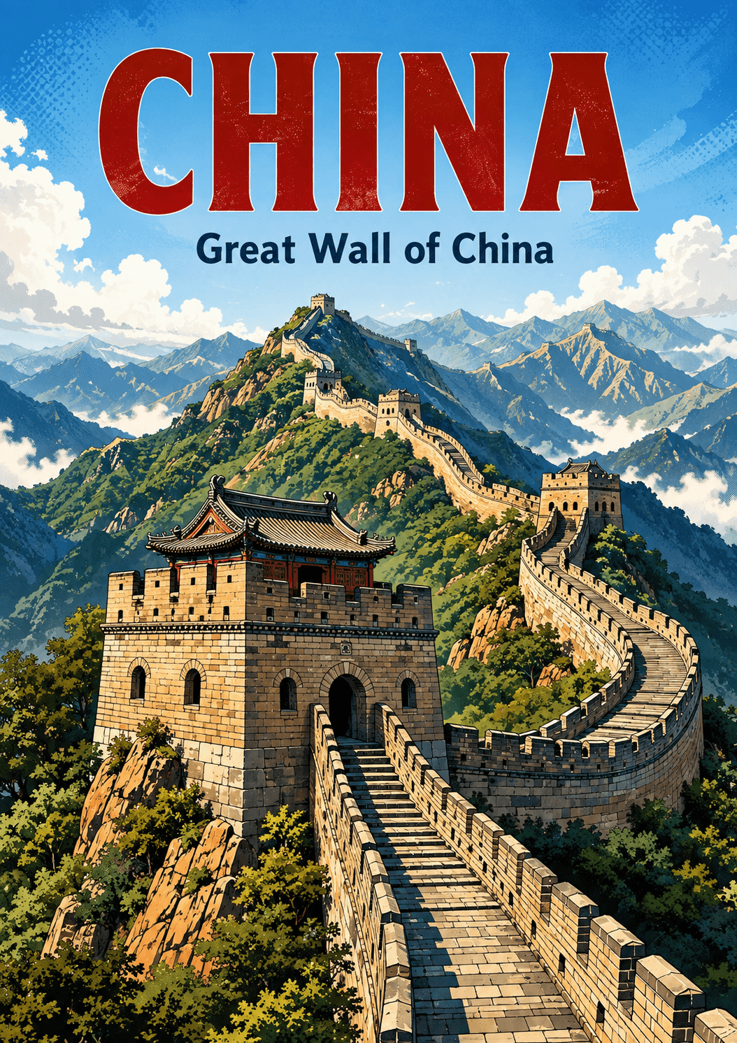 Great Wall of China China Comic Illustration Travel Poster printable poster preview