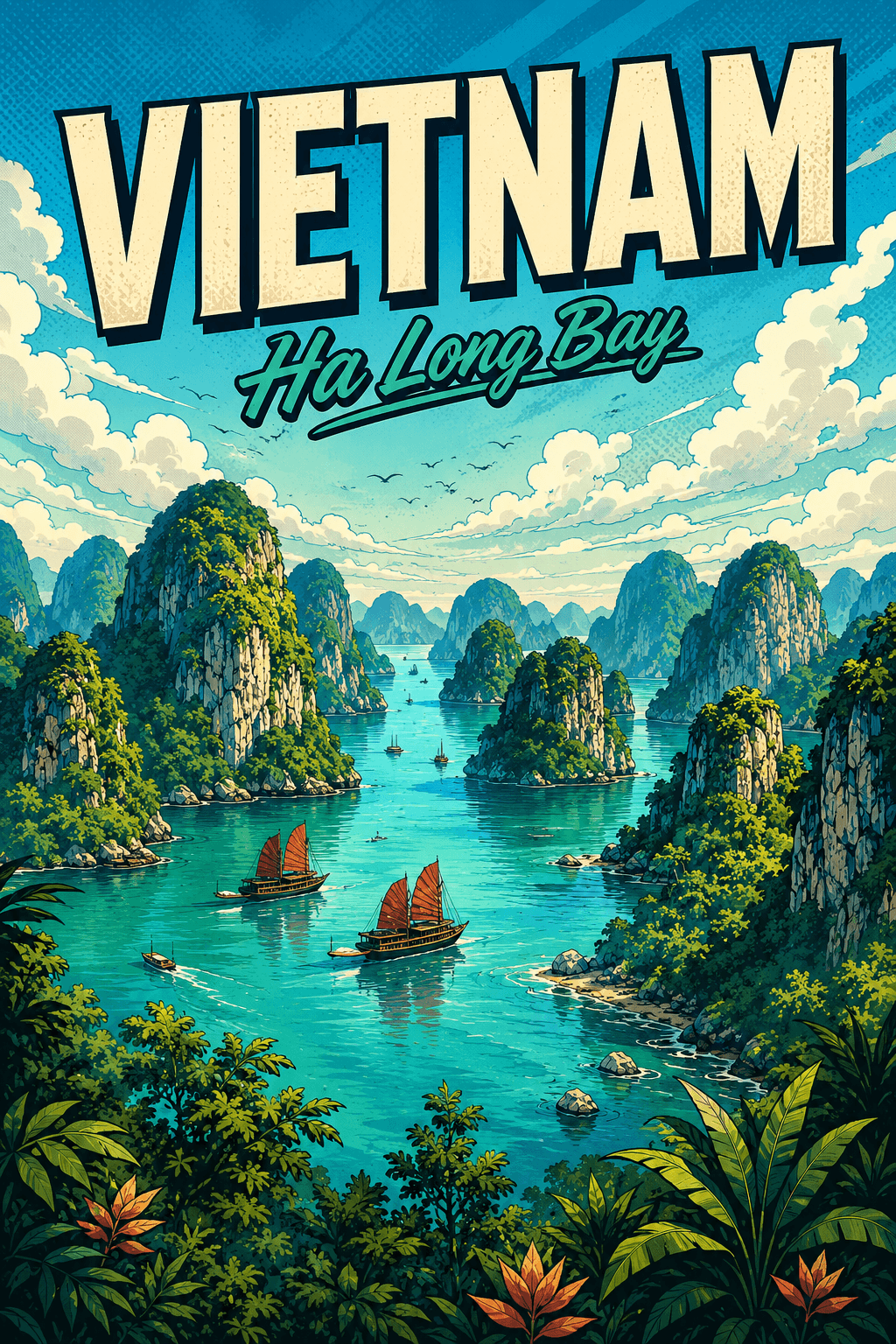 Ha Long Bay Vietnam Comic Illustration Nature Poster printable poster preview