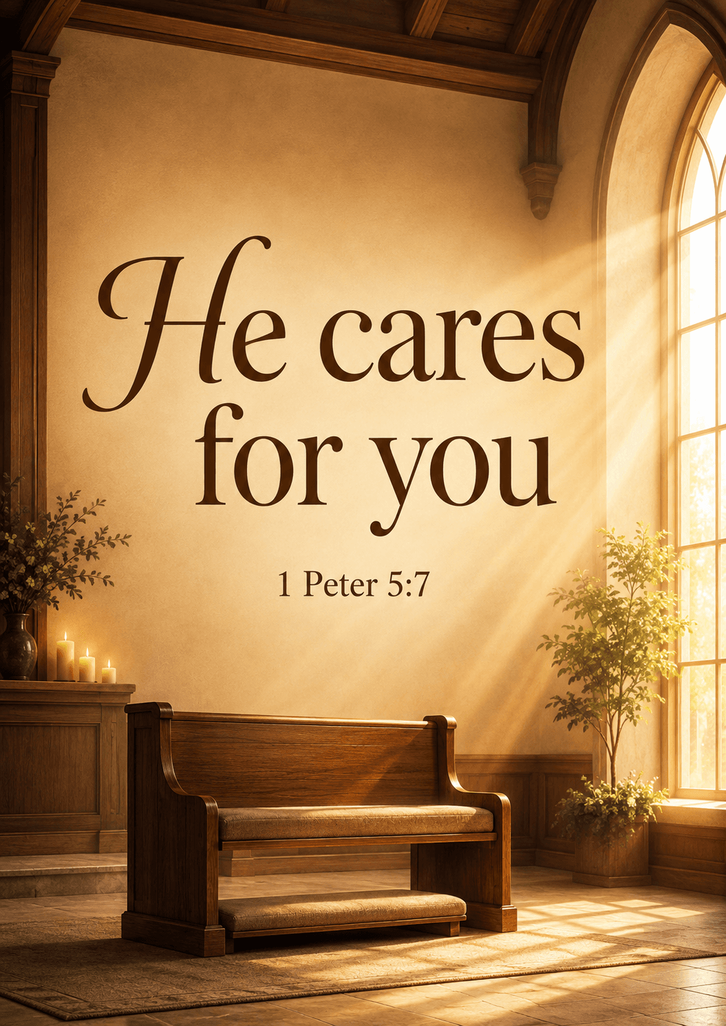 He cares for you 1 Peter 5:7 Cinematic Christian Bible Verse Poster printable poster preview