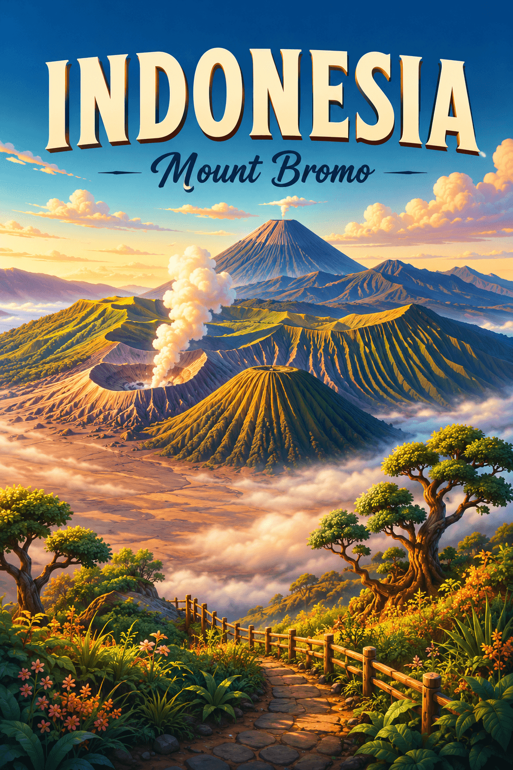Mount Bromo Indonesia Cinematic 3D Cartoon Nature Poster printable poster preview