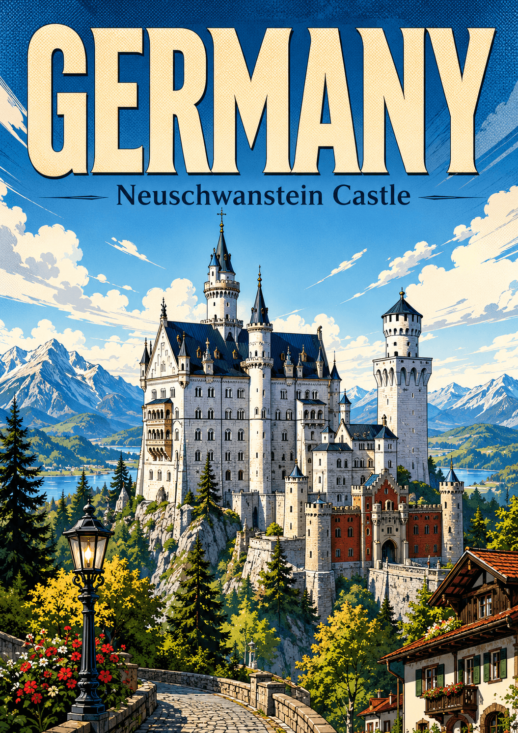 Neuschwanstein Castle Germany Comic Illustration Travel Poster printable poster preview