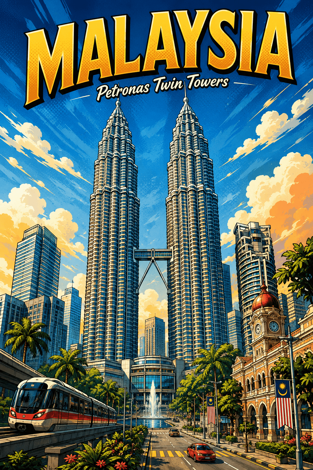 Petronas Twin Towers Malaysia Comic Illustration Travel Poster printable poster preview