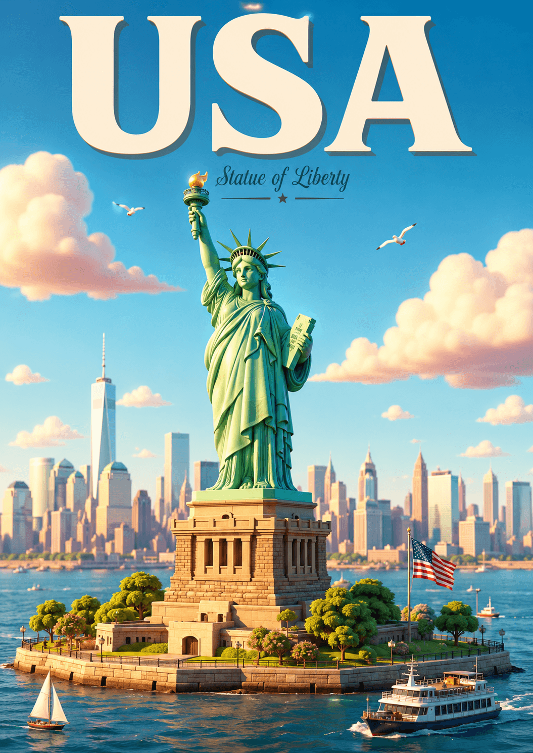 Statue of Liberty United States Cinematic 3D Cartoon Travel Poster printable poster preview