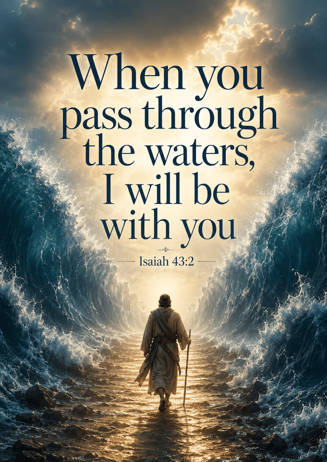 When you pass through the waters, I will be with you Isaiah 43:2 Cinematic Christian Bible Verse Poster printable poster preview