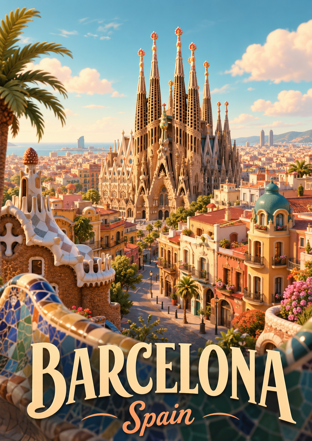 Barcelona Spain Cinematic 3D Cartoon City Poster poster design preview