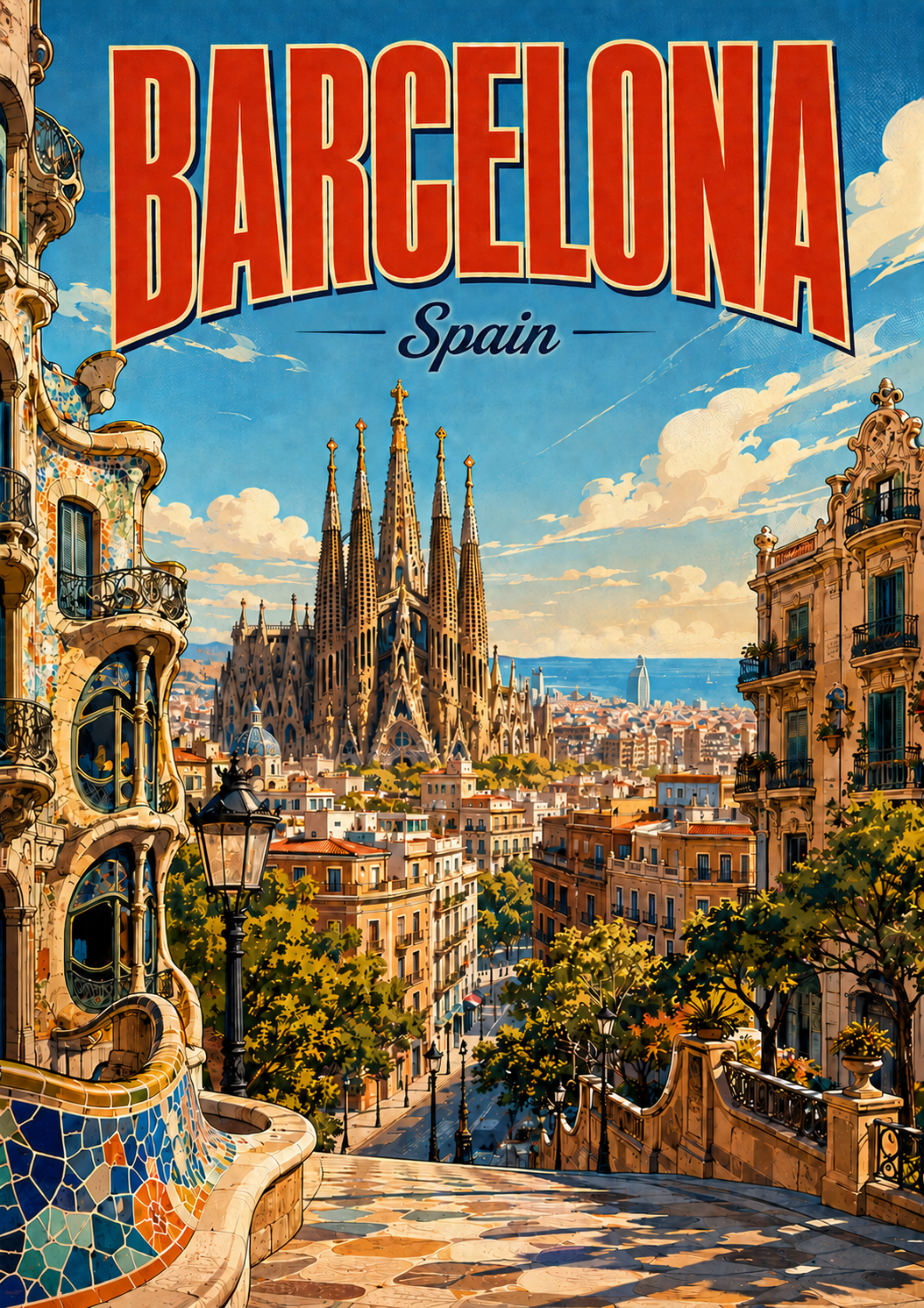 Poster Kota Ilustrasi Komik Barcelona Spanyol poster design preview