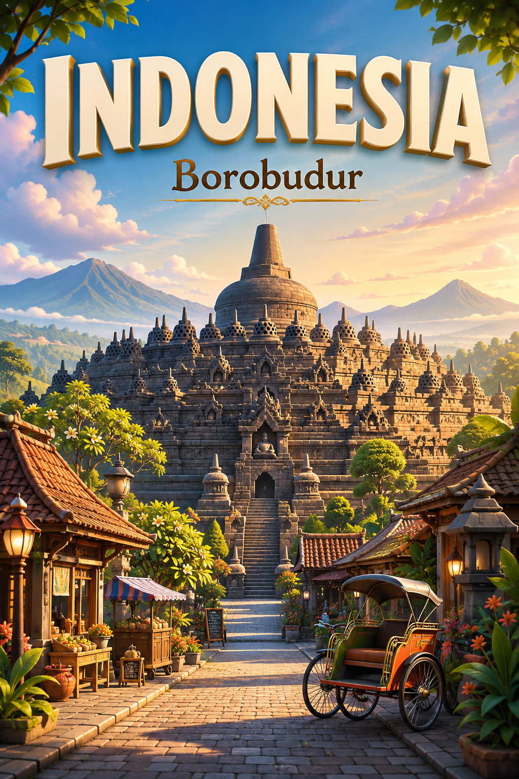 Borobudur Indonesia Cinematic 3D Cartoon Travel Poster poster design preview
