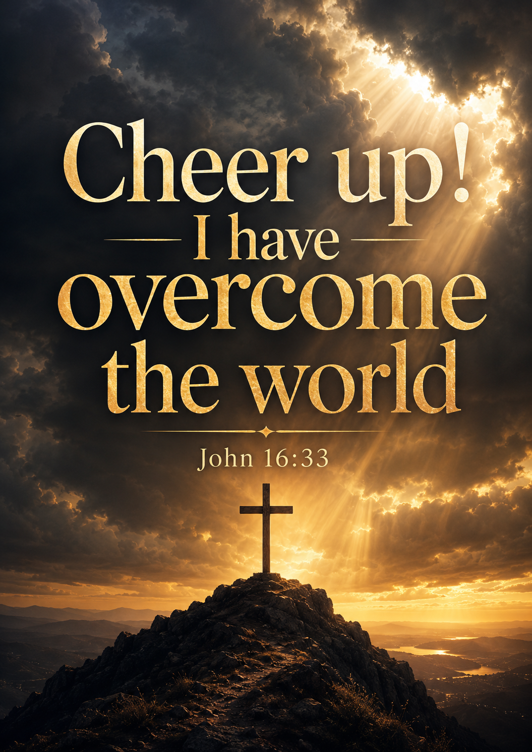 Cheer up! I have overcome the world John 16:33 Cinematic Christian Bible Verse Poster poster design preview