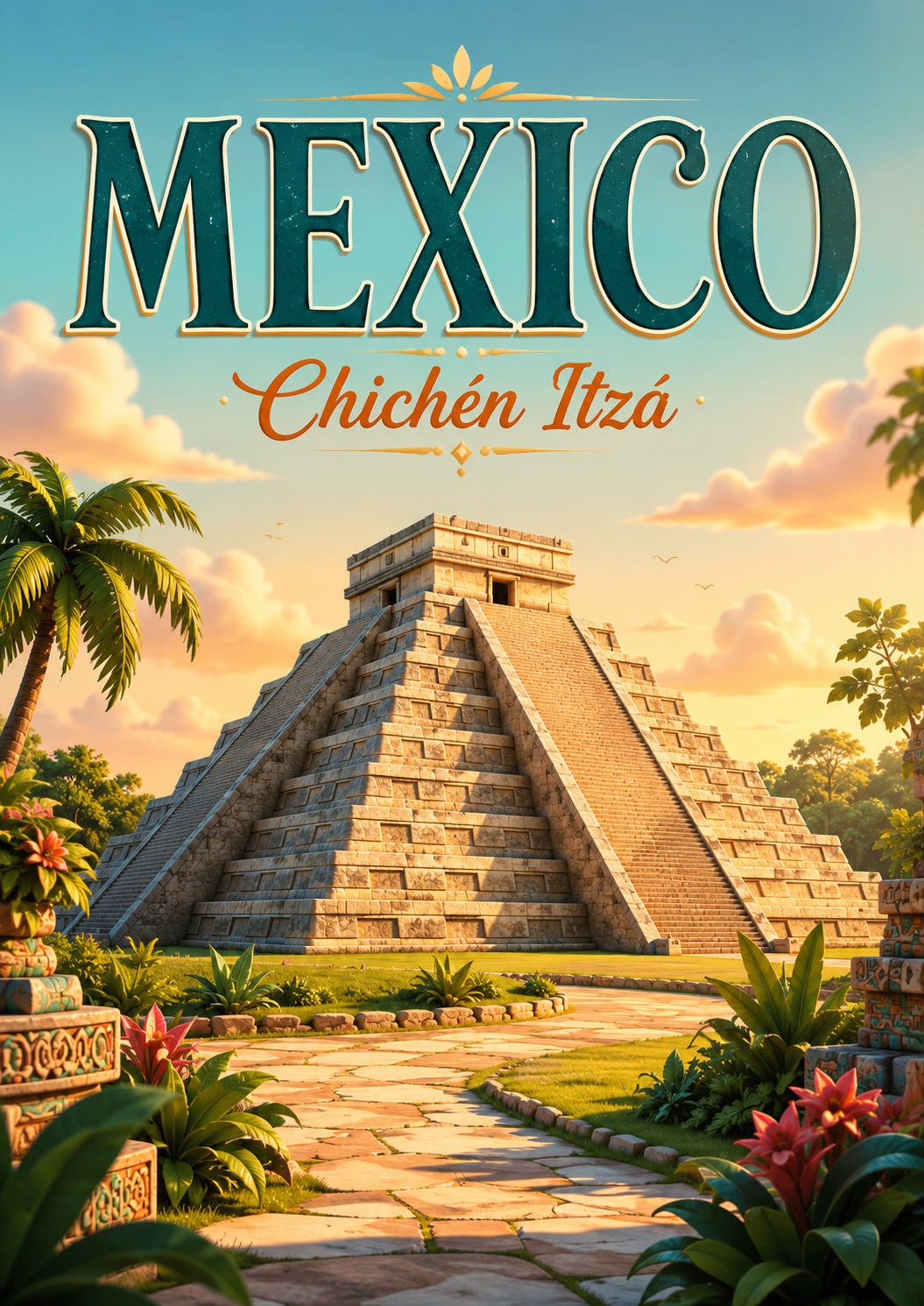 Chichén Itzá Mexico Cinematic 3D Cartoon Travel Poster poster design preview