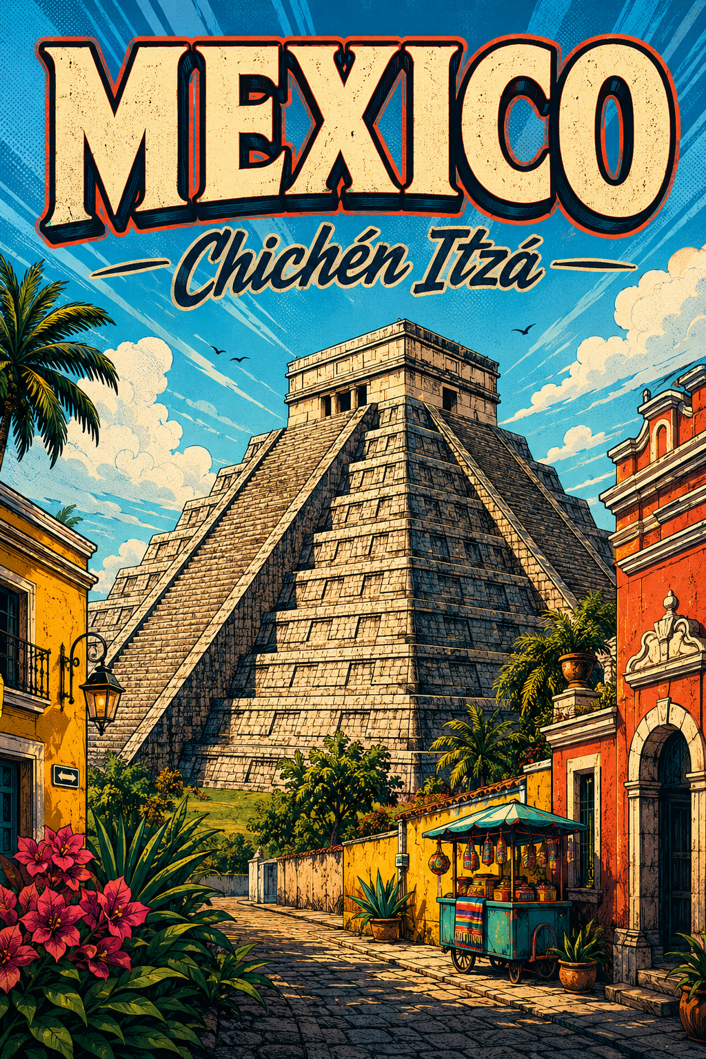 Chichén Itzá Mexico Comic Illustration Travel Poster poster design preview