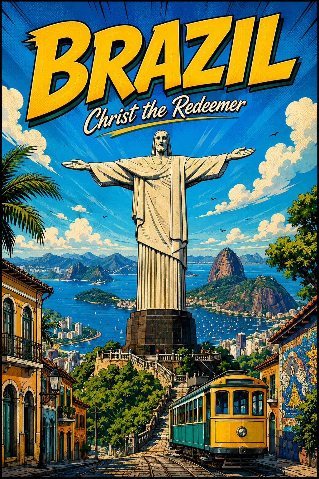 Christ the Redeemer Brazil Comic Illustration Travel Poster poster design preview