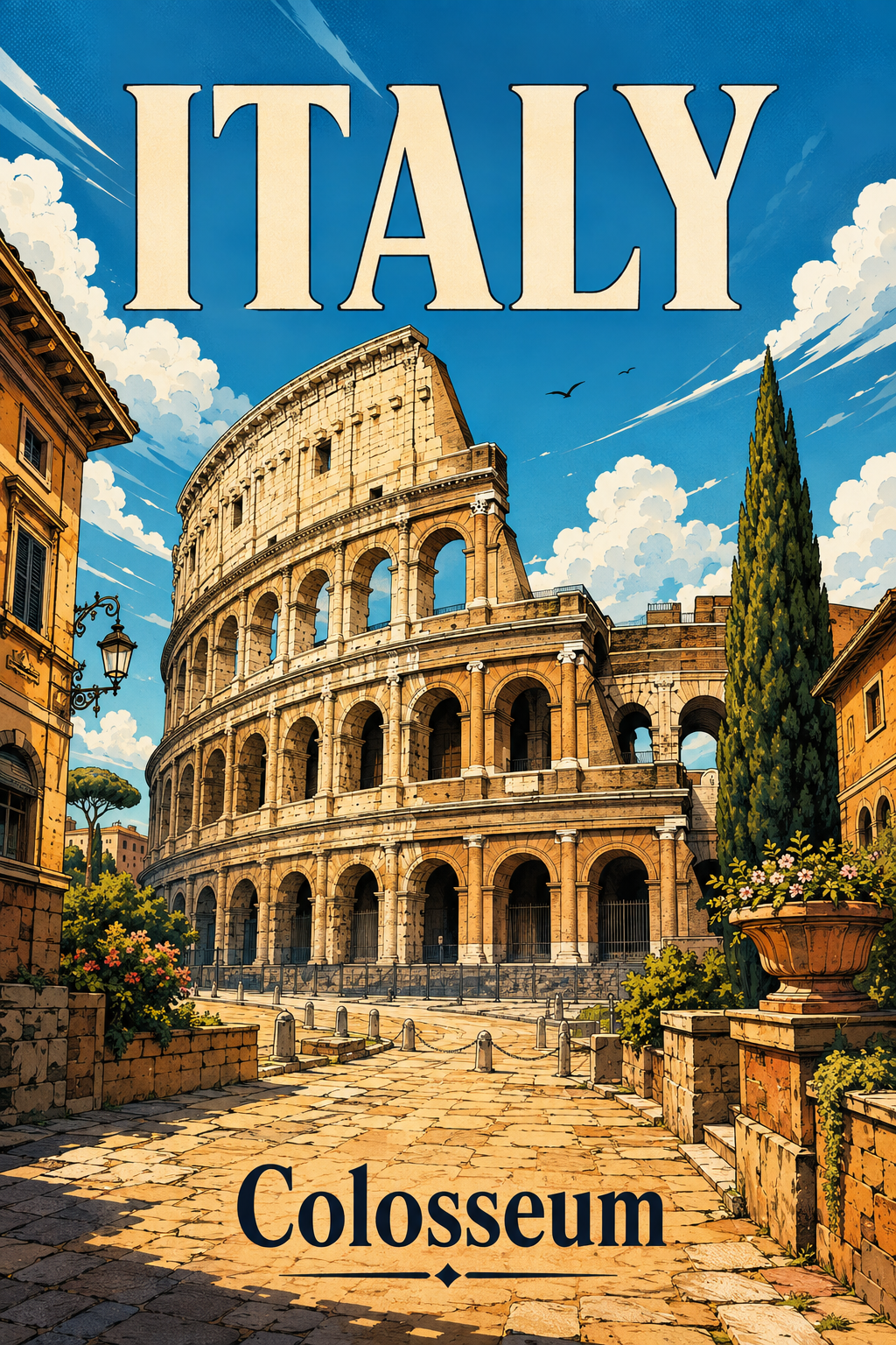Poster Perjalanan Ilustrasi Komik Colosseum Italia poster design preview