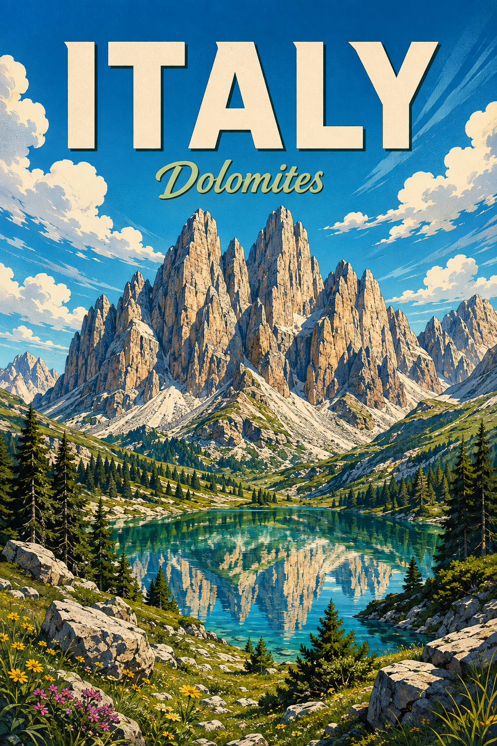Poster Alam Ilustrasi Komik Dolomites Italia poster design preview