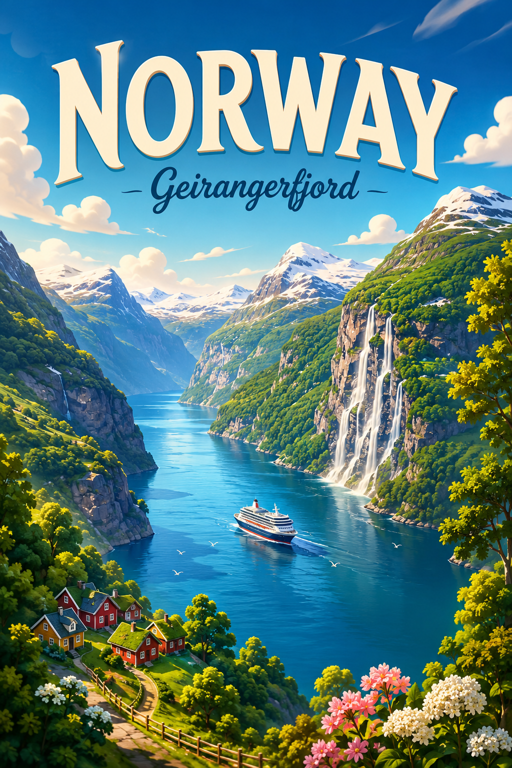 Geirangerfjord Norway Cinematic 3D Cartoon Nature Poster poster design preview