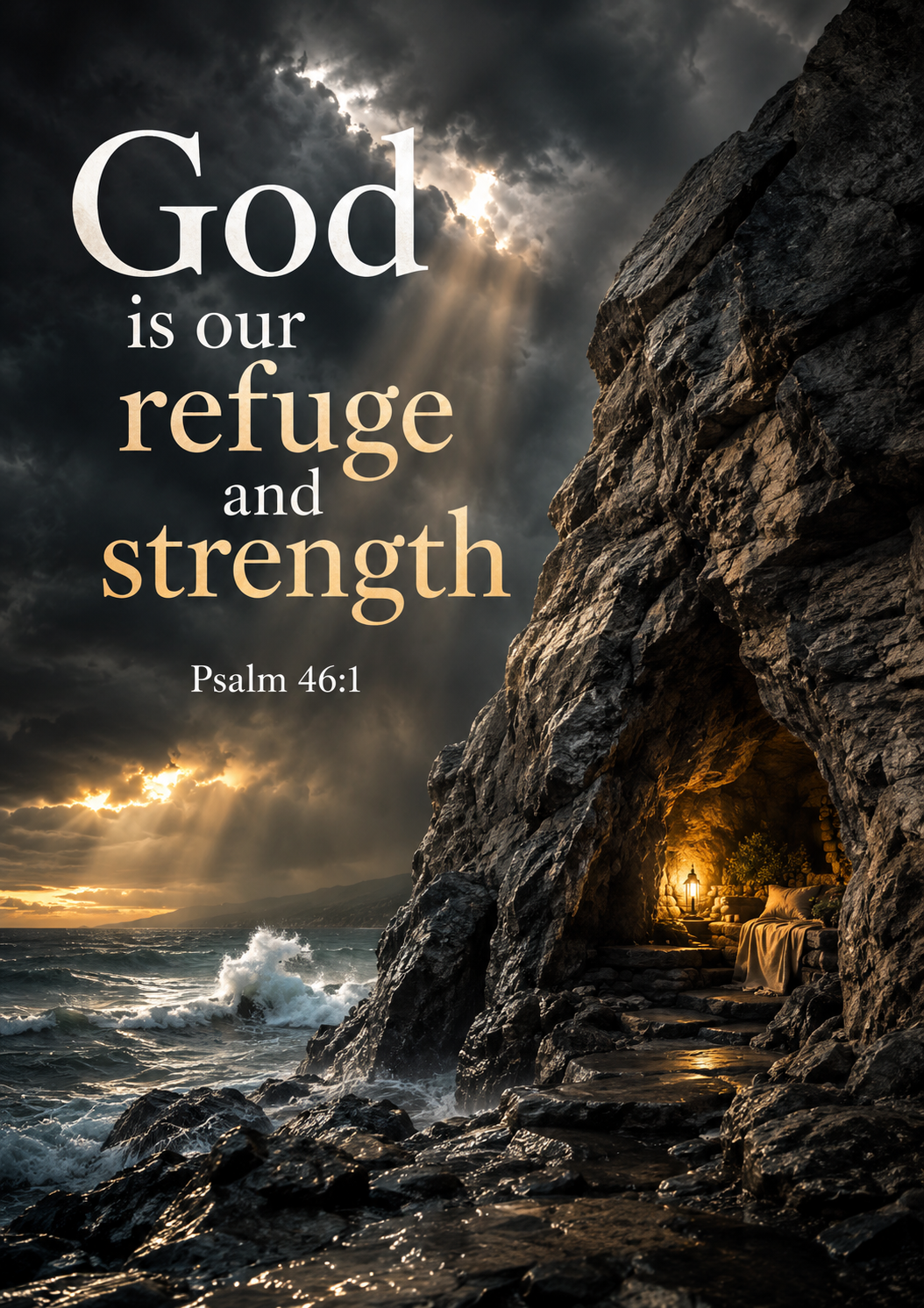 God is our refuge and strength Psalm 46:1 Cinematic Christian Bible Verse Poster poster design preview
