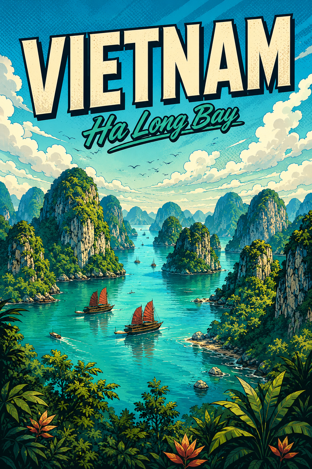 Poster Alam Ilustrasi Komik Ha Long Bay Vietnam poster design preview