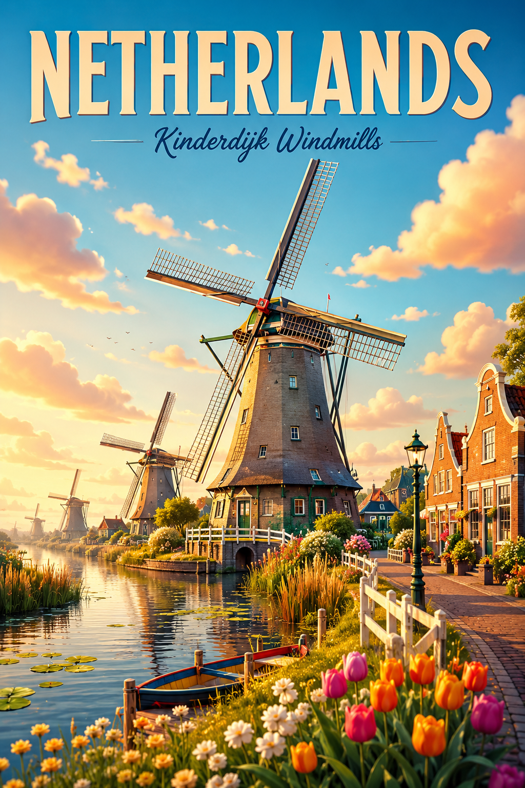 Kinderdijk Windmills Netherlands Cinematic 3D Cartoon Travel Poster poster design preview