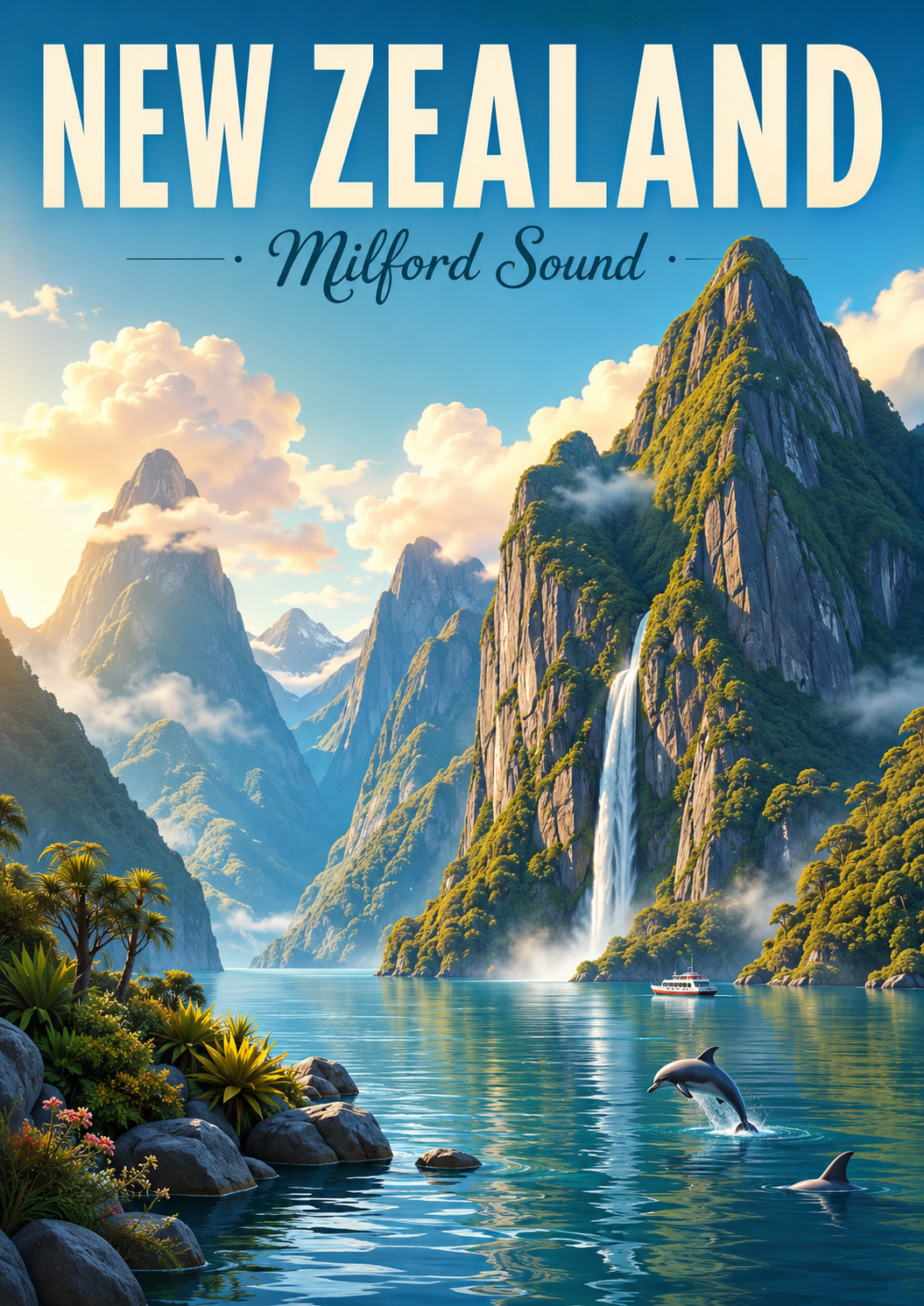 Milford Sound New Zealand Cinematic 3D Cartoon Nature Poster poster design preview