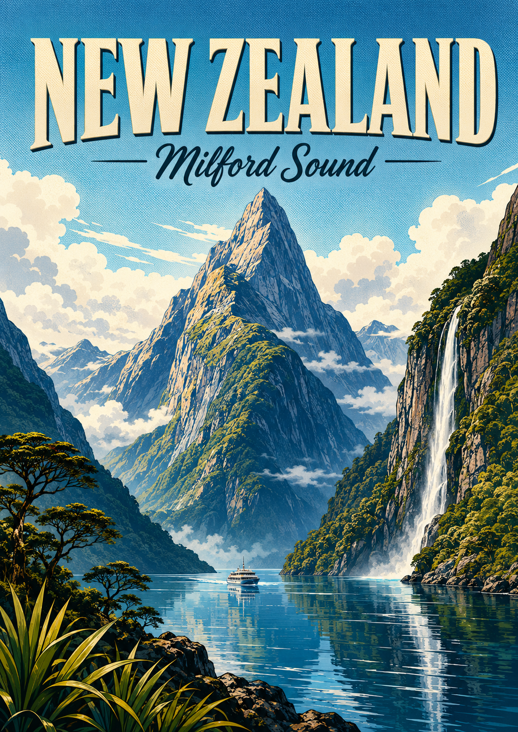 Poster Alam Ilustrasi Komik Milford Sound Selandia Baru poster design preview