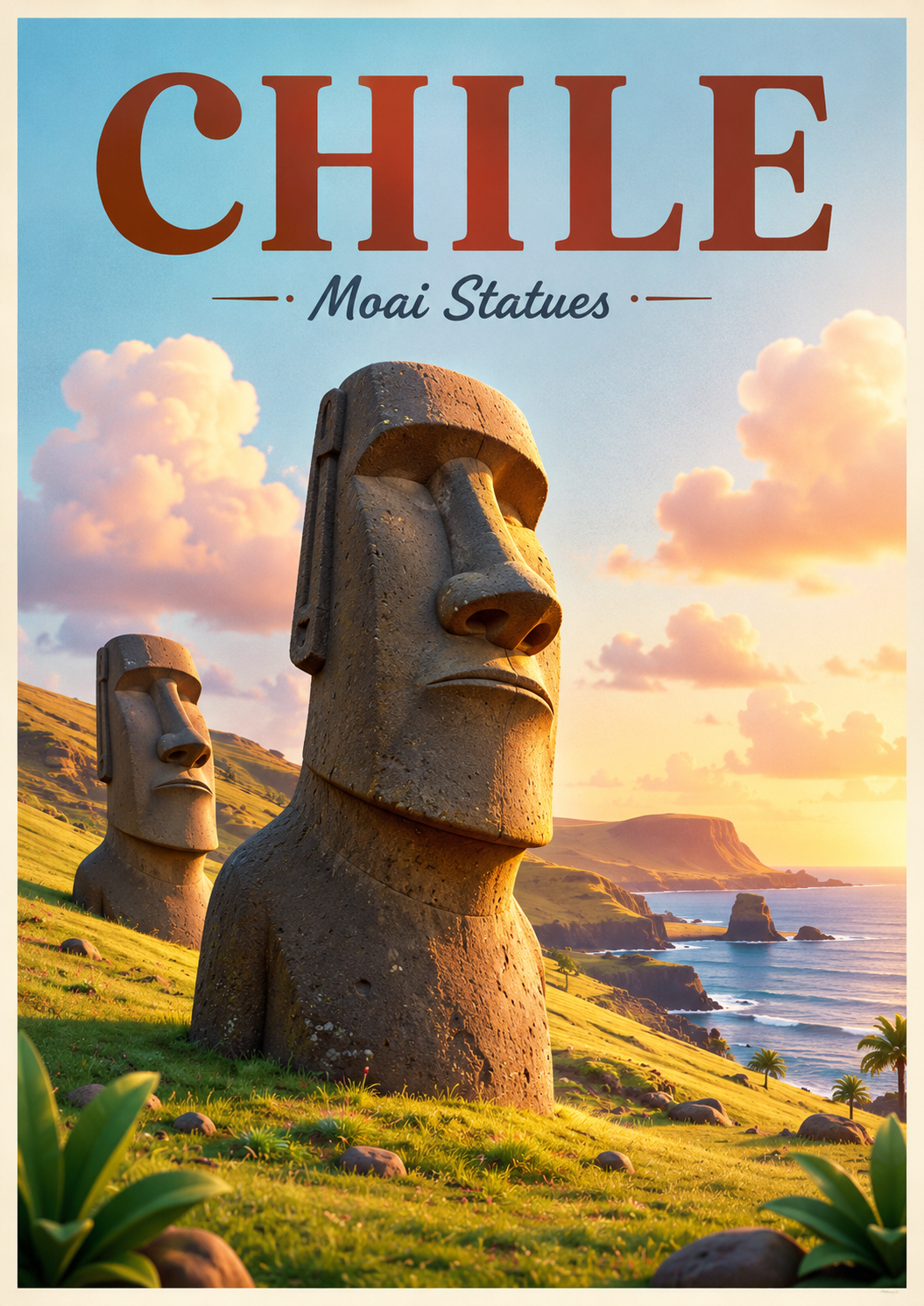 Moai Statues Chile Cinematic 3D Cartoon Travel Poster poster design preview