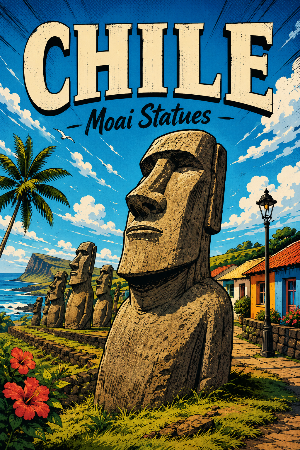 Moai Statues Chile Comic Illustration Travel Poster poster design preview