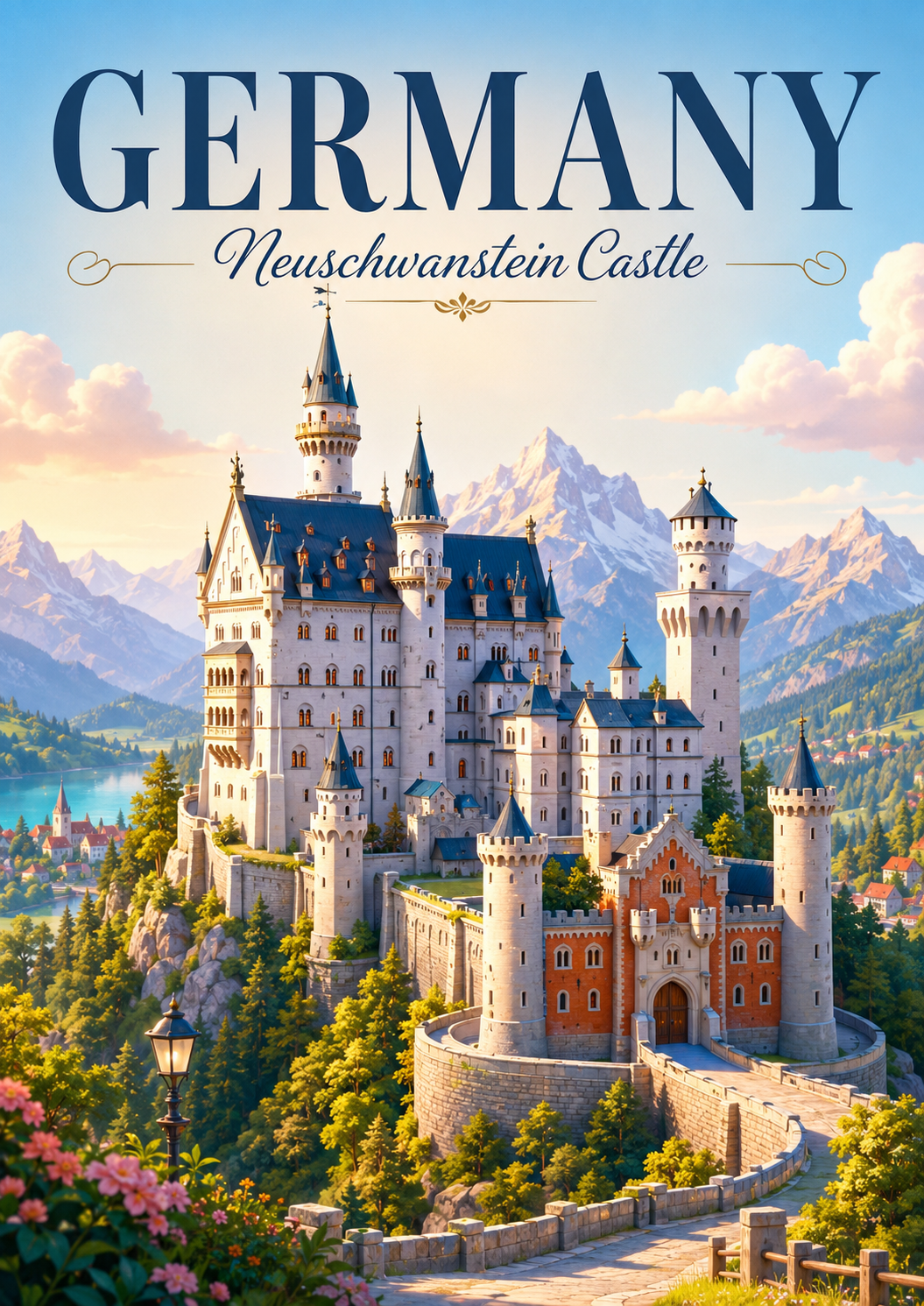 Neuschwanstein Castle Germany Cinematic 3D Cartoon Travel Poster poster design preview