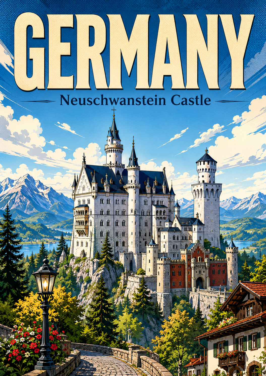 Poster Perjalanan Ilustrasi Komik Kastil Neuschwanstein Jerman poster design preview