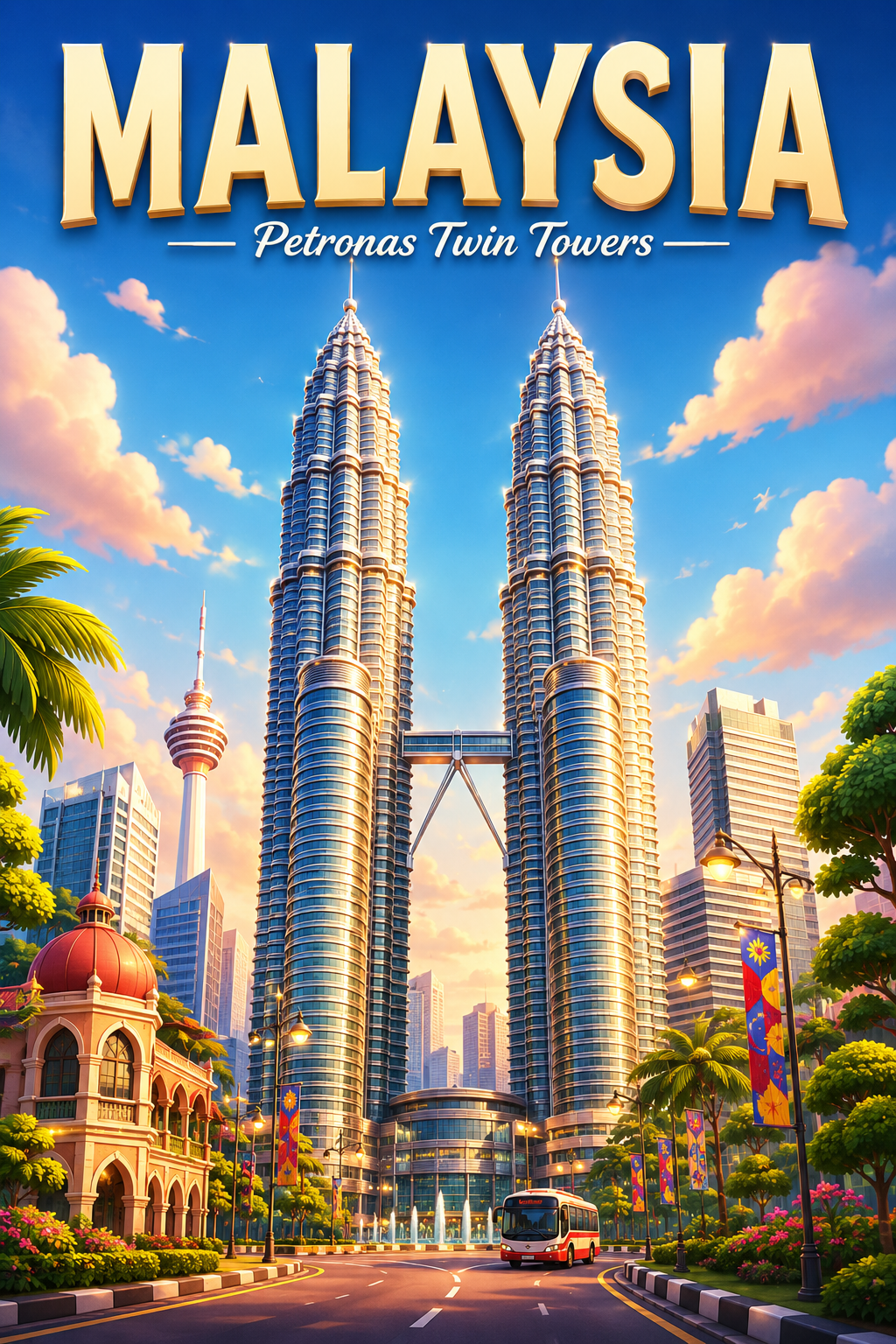 Petronas Twin Towers Malaysia Cinematic 3D Cartoon Travel Poster poster design preview