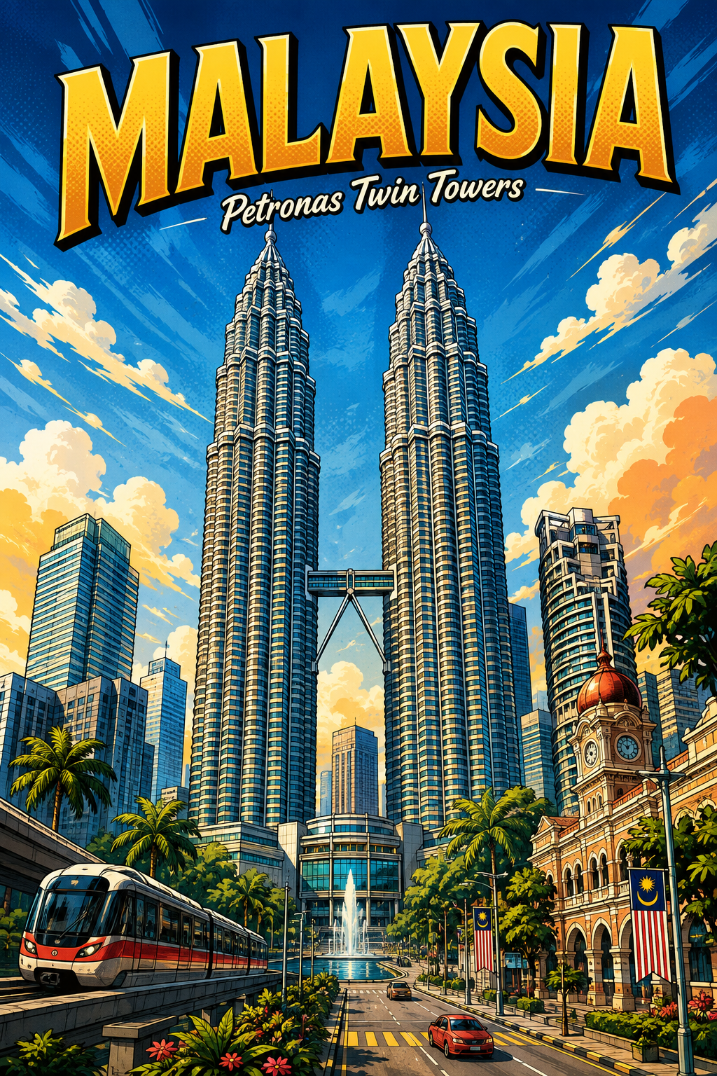 Poster Perjalanan Ilustrasi Komik Menara Kembar Petronas Malaysia poster design preview