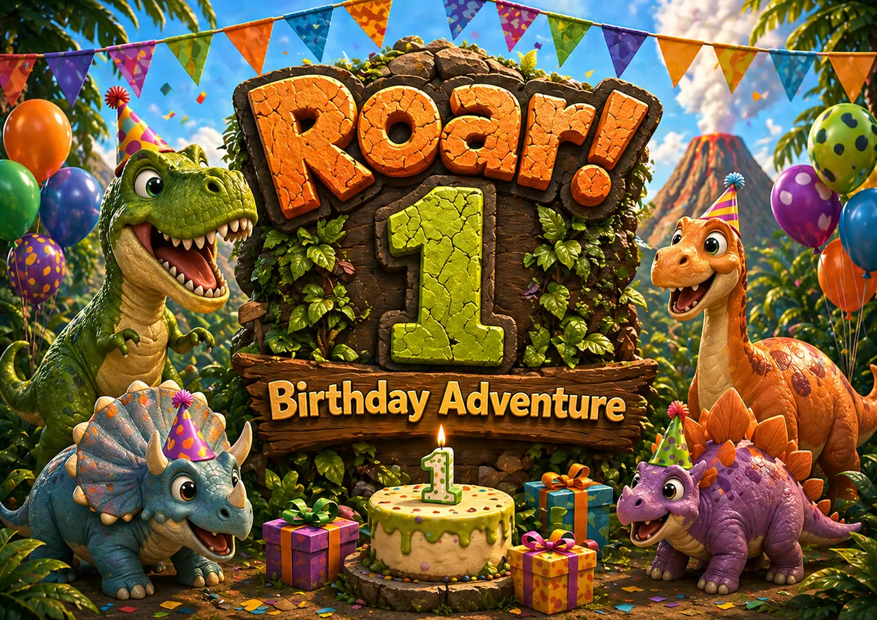 Vista previa imprimible de Póster de la aventura del primer cumpleaños de dinosaurio
