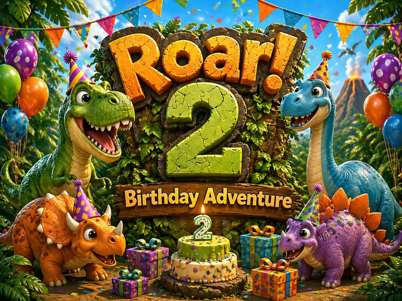 Prévia imprimível de Pôster da aventura do segundo aniversário do dinossauro