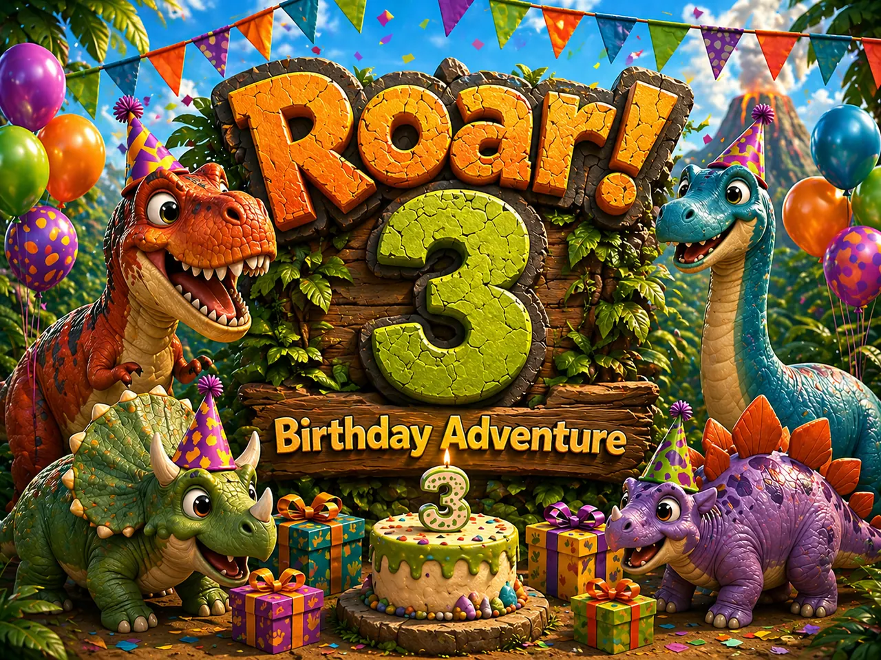 Druckvorschau für Abenteuerposter zum 3. Dinosaurier-Geburtstag