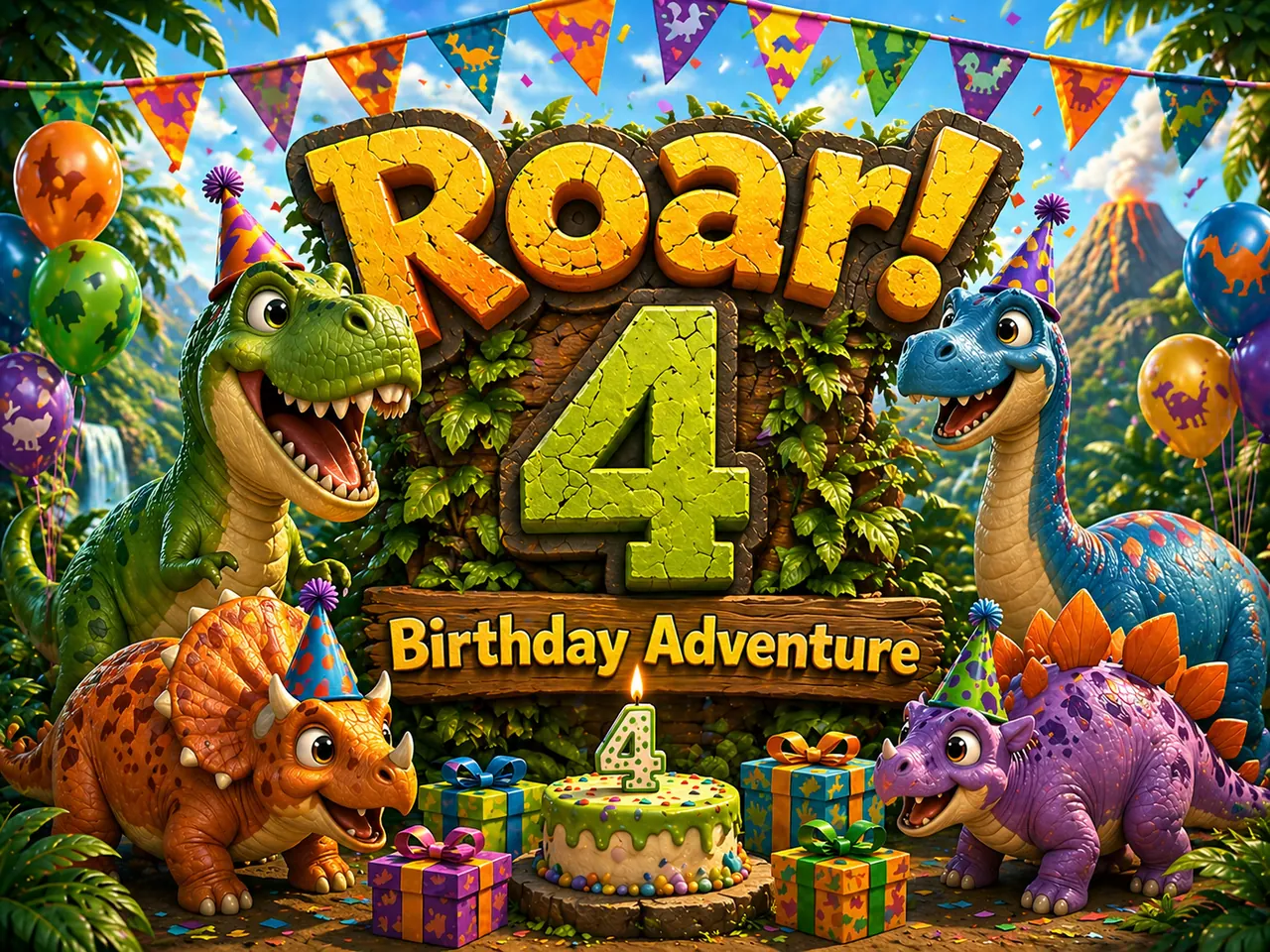 Prévia imprimível de Pôster da aventura do 4º aniversário do dinossauro
