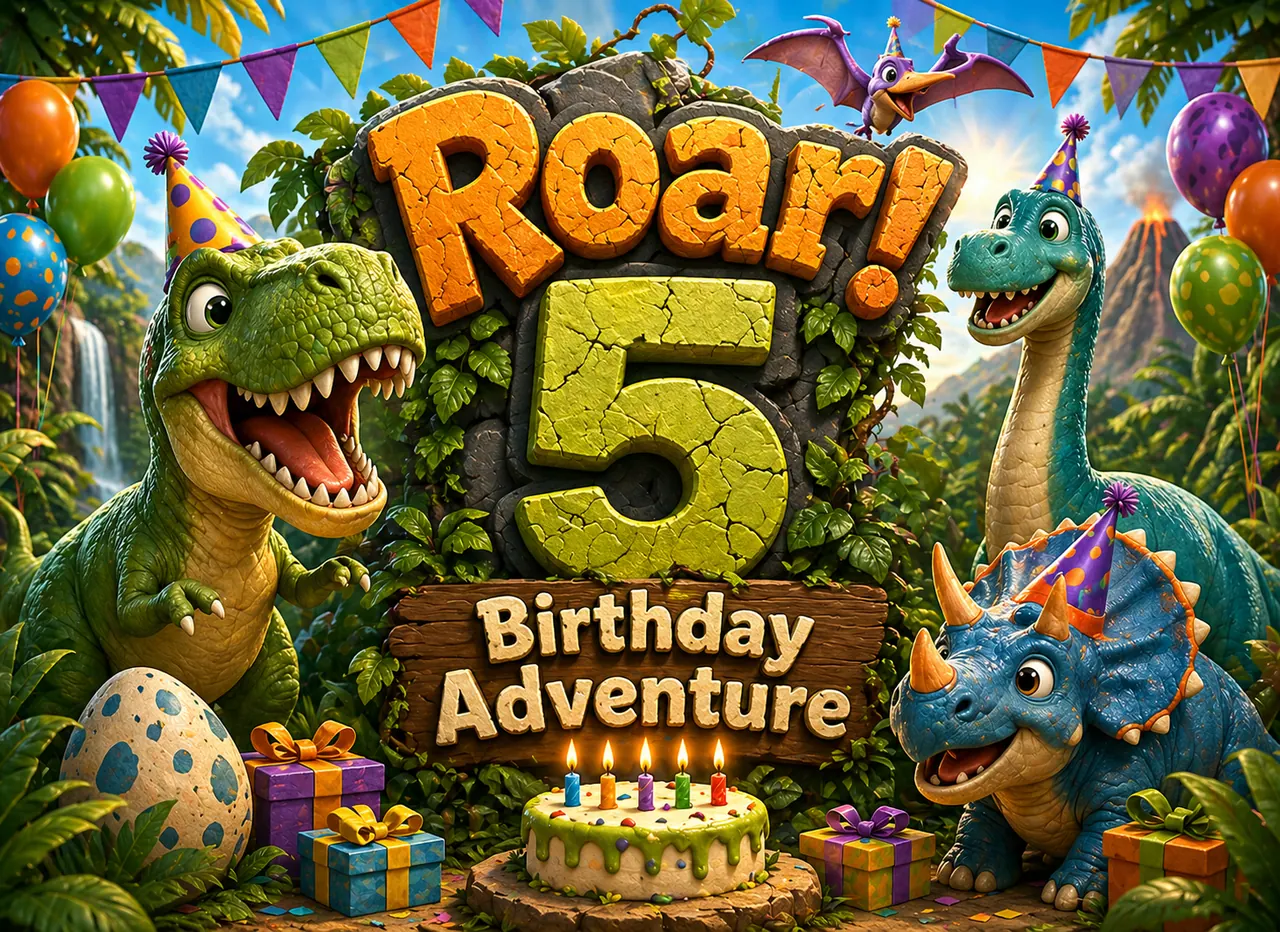 Aperçu imprimable de Affiche d'aventure du 5e anniversaire de dinosaure, option 2